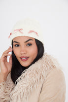 Woman's Beanie with Pink Ribbon Bow in Cream