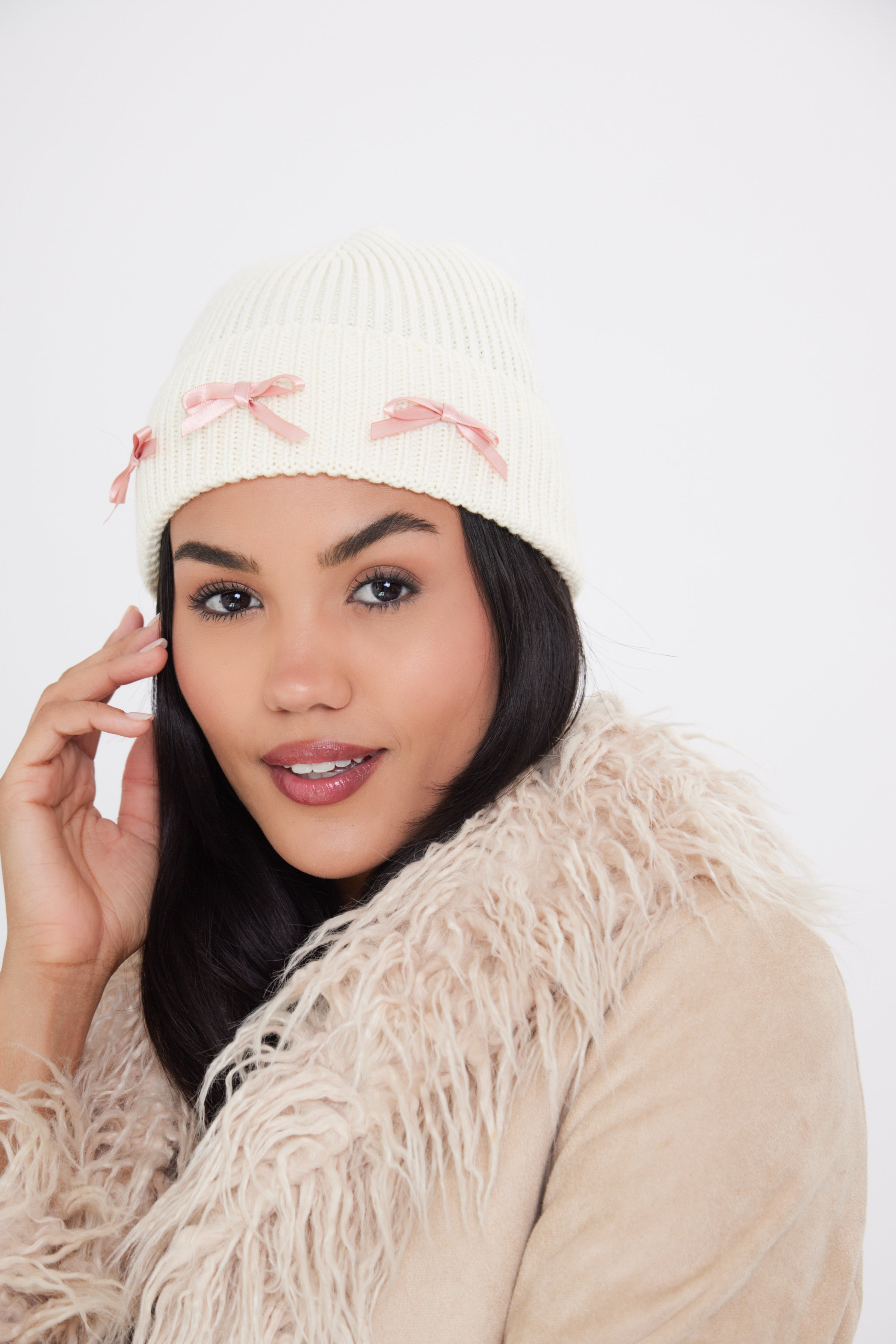 Woman's Beanie with Pink Ribbon Bow in Cream