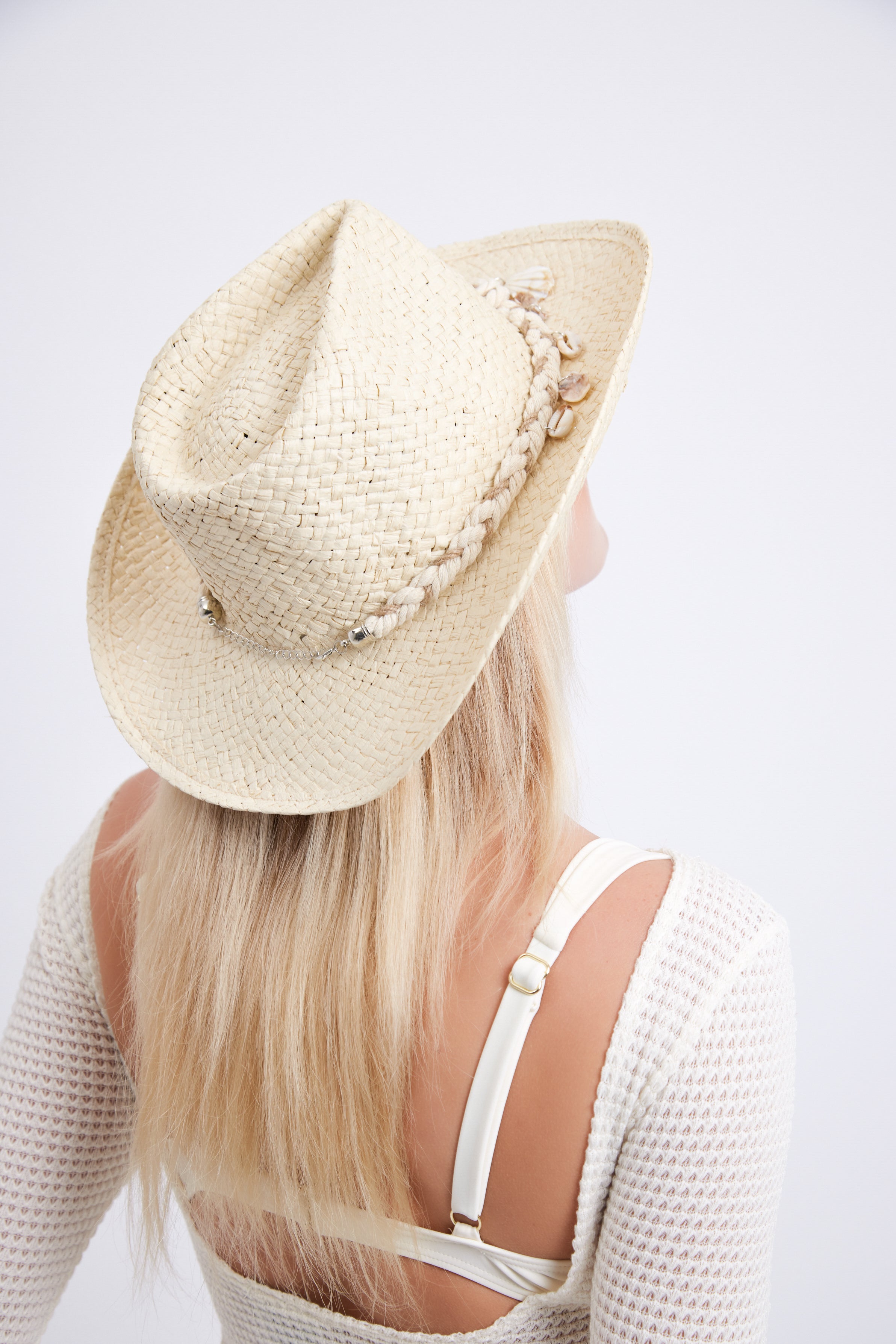 Women’s Distressed Cowboy Hat with Shell Trim in Beige