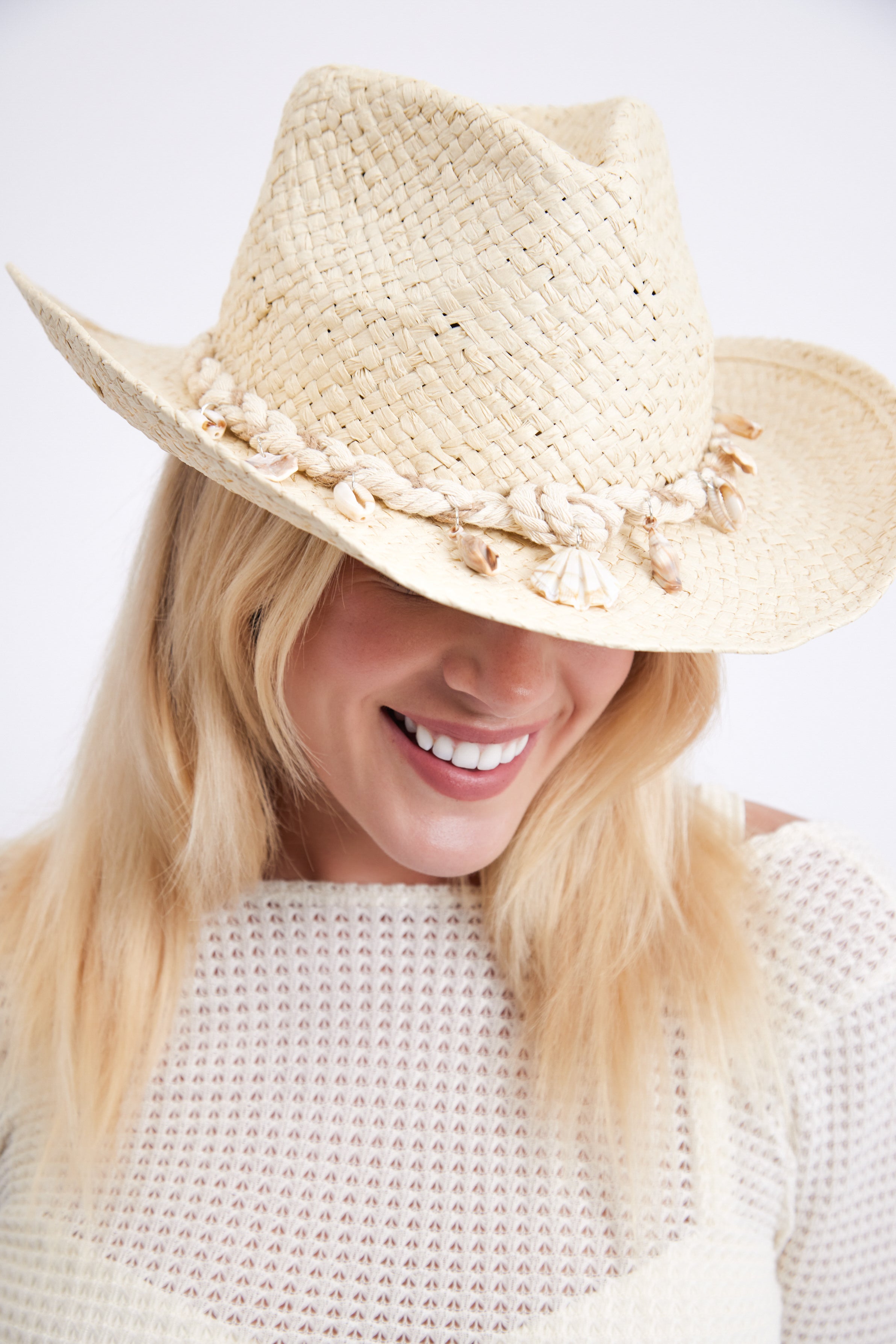 Women’s Distressed Cowboy Hat with Shell Trim in Beige