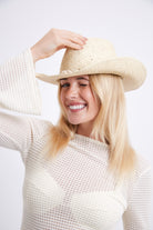 Women’s Distressed Cowboy Hat with Shell Trim in Beige
