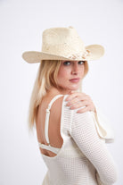 Women’s Distressed Cowboy Hat with Shell Trim in Beige