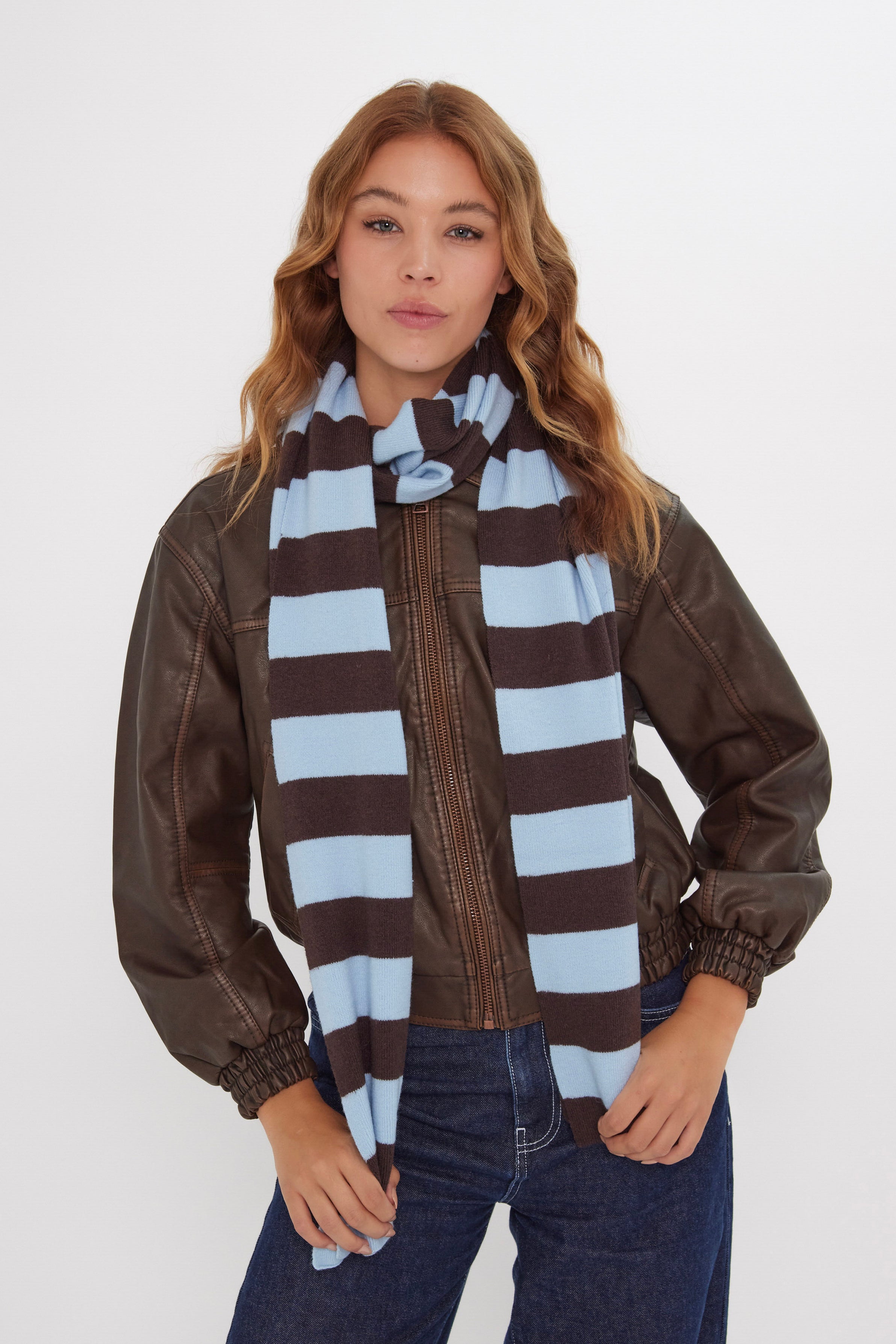 Women’s Knitted Stripe Scarf in Blue and Brown 