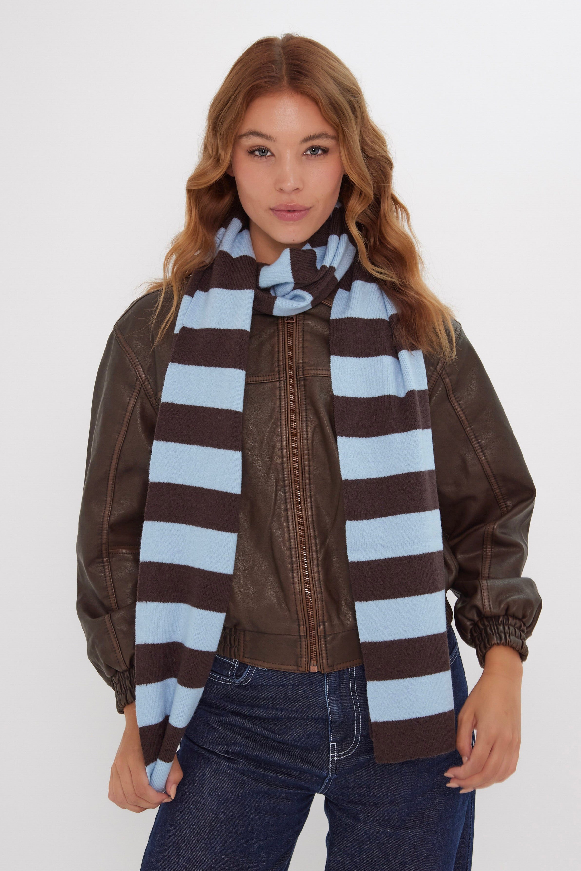 Women’s Knitted Stripe Scarf in Blue and Brown 