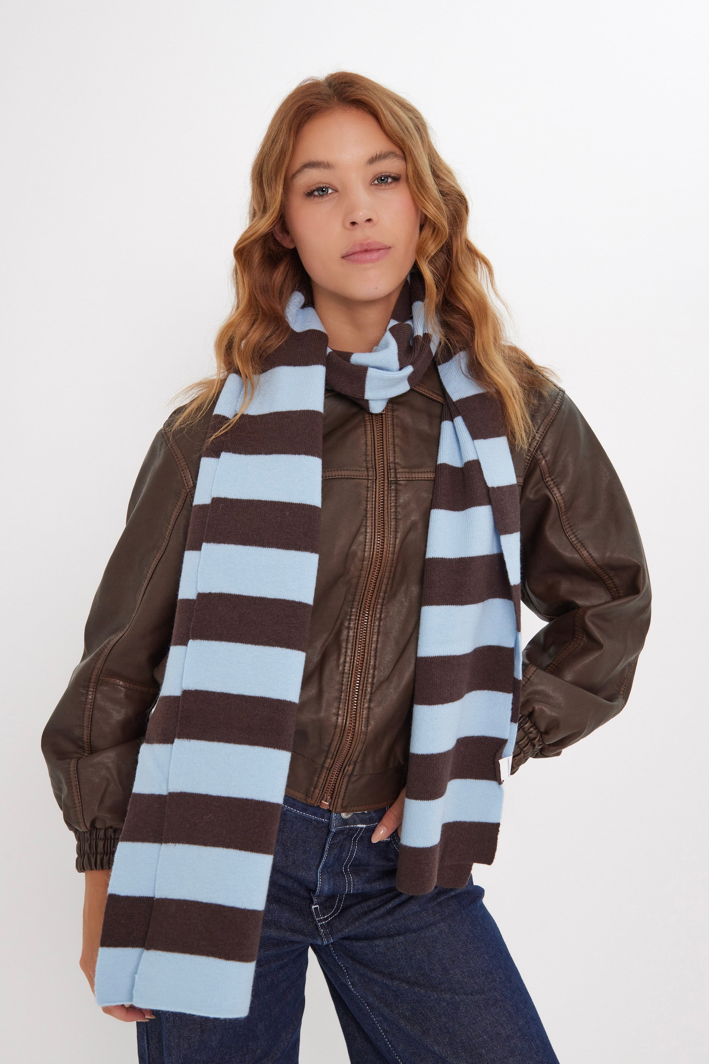 Women’s Knitted Stripe Scarf in Blue and Brown 
