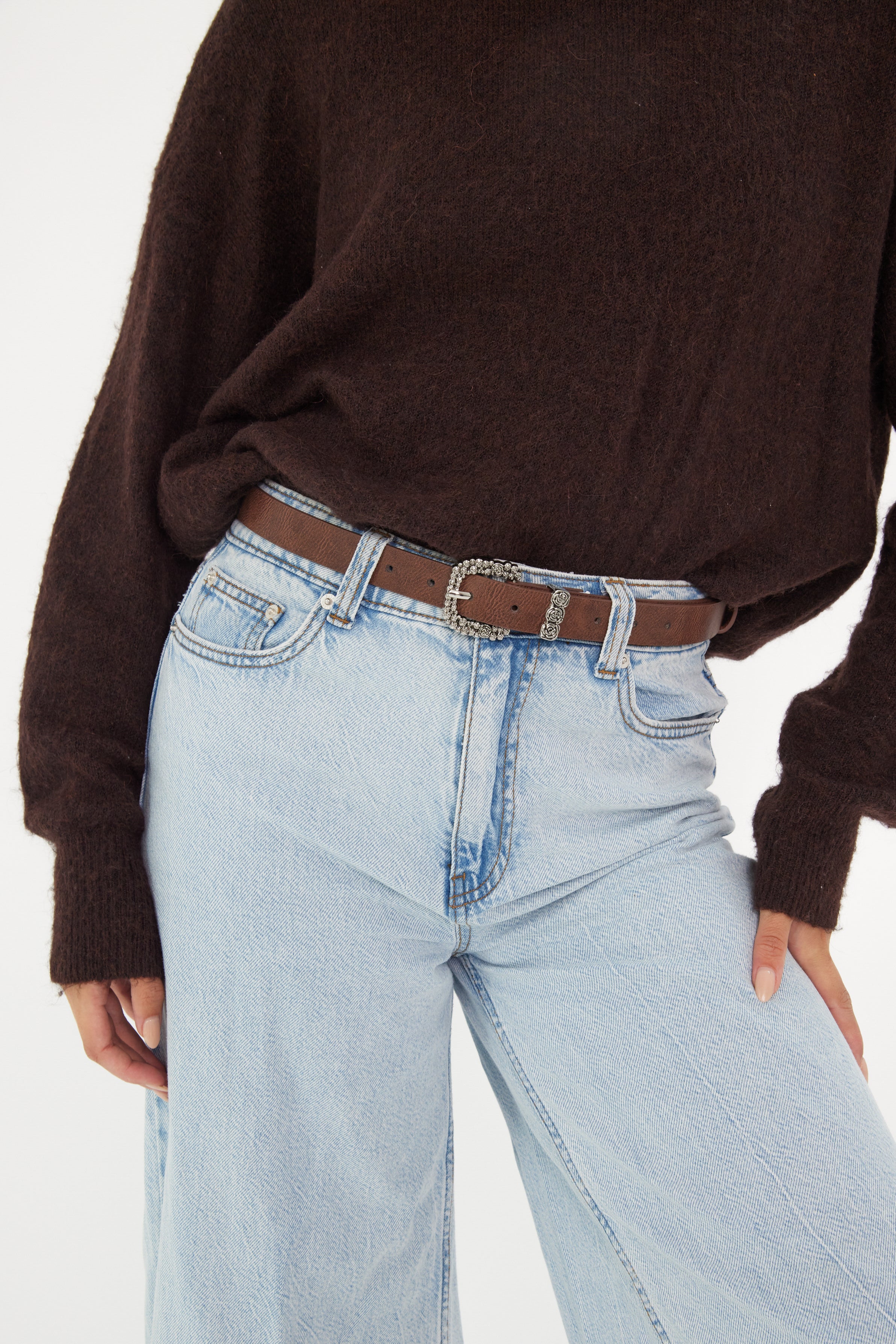 Women’s Rose Western Buckle Belt in Brown and Antique Silver