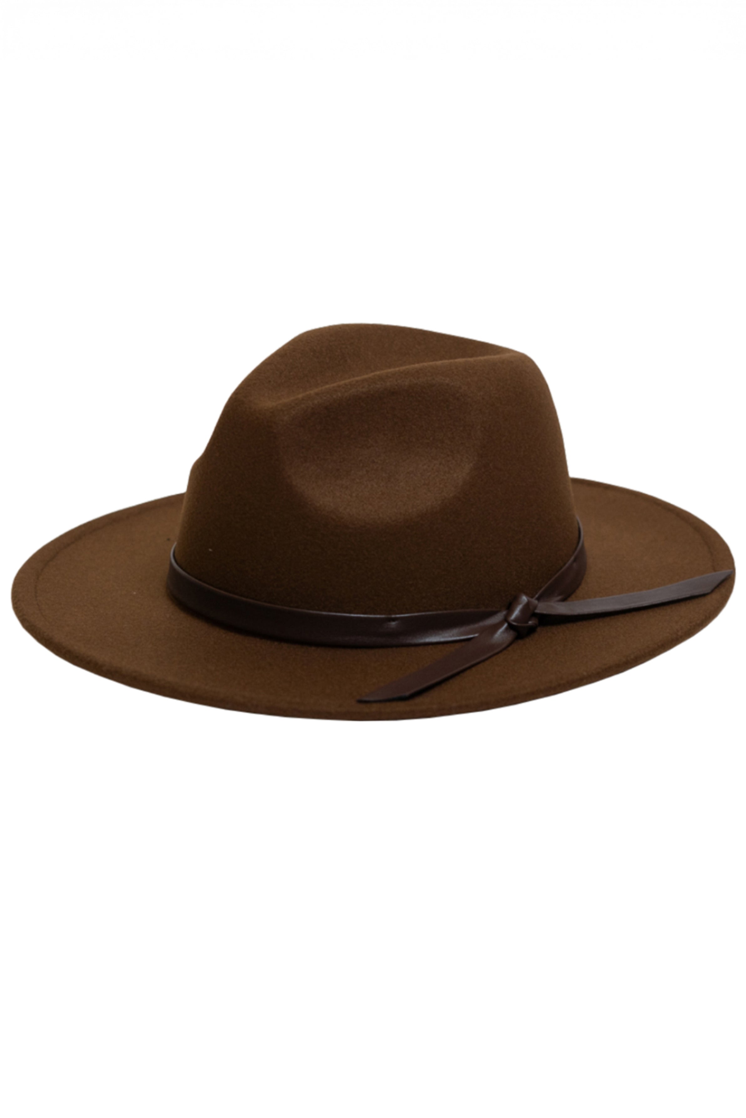 Brown fedora hat with a brown band on a white background