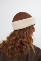 Women’s Suede And Fur Turn Up Beanie in Brown and Cream