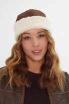 Women’s Suede And Fur Turn Up Beanie in Brown and Cream