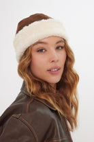 Women’s Suede And Fur Turn Up Beanie in Brown and Cream