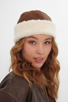 Women’s Suede And Fur Turn Up Beanie in Brown and Cream