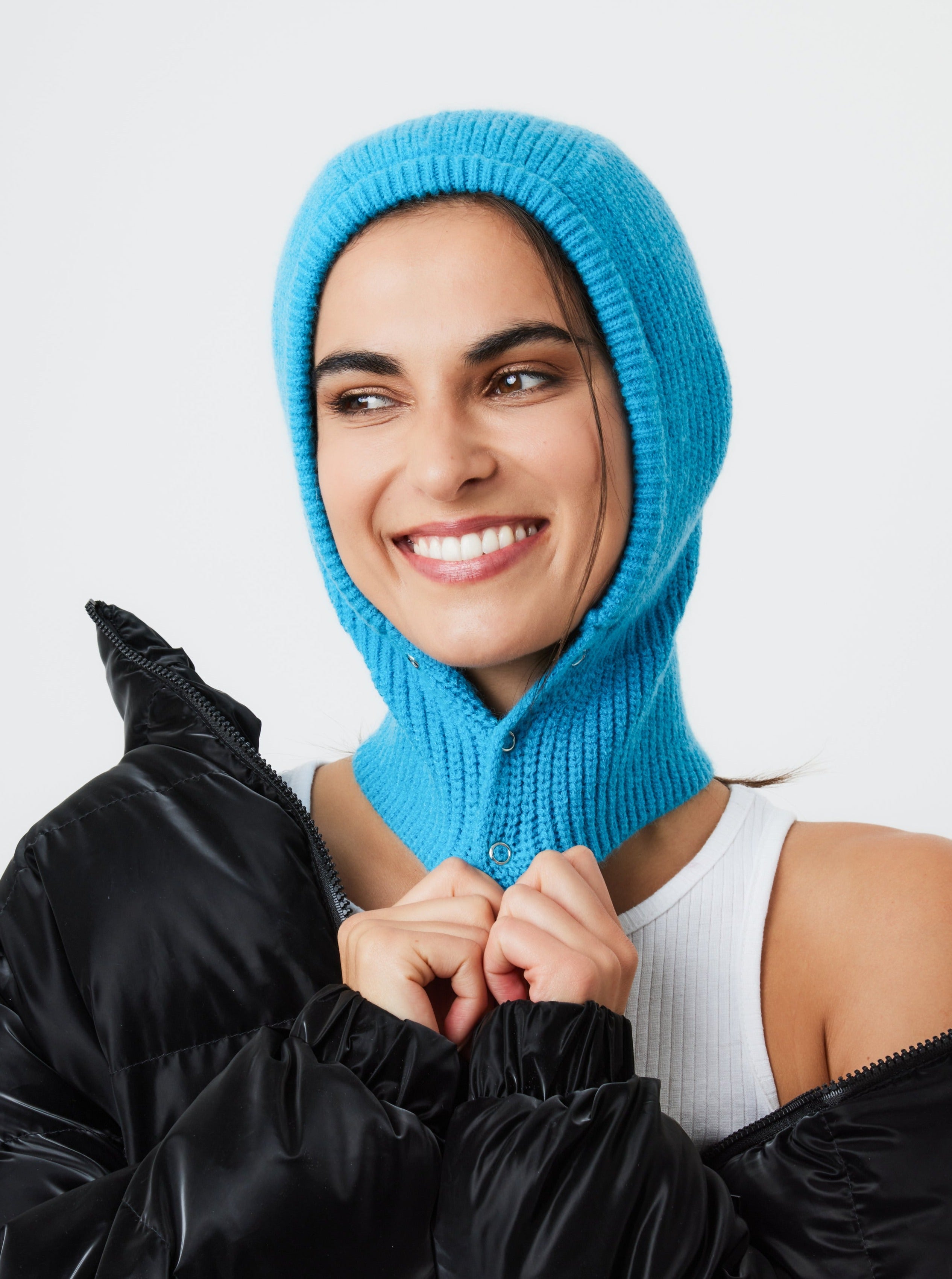 Woman's Button Up Knitted Hood Balaclava in Blue