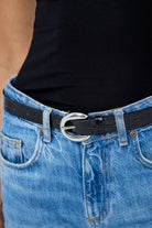 Women's Croc Leather Look Belt in Black and Silver