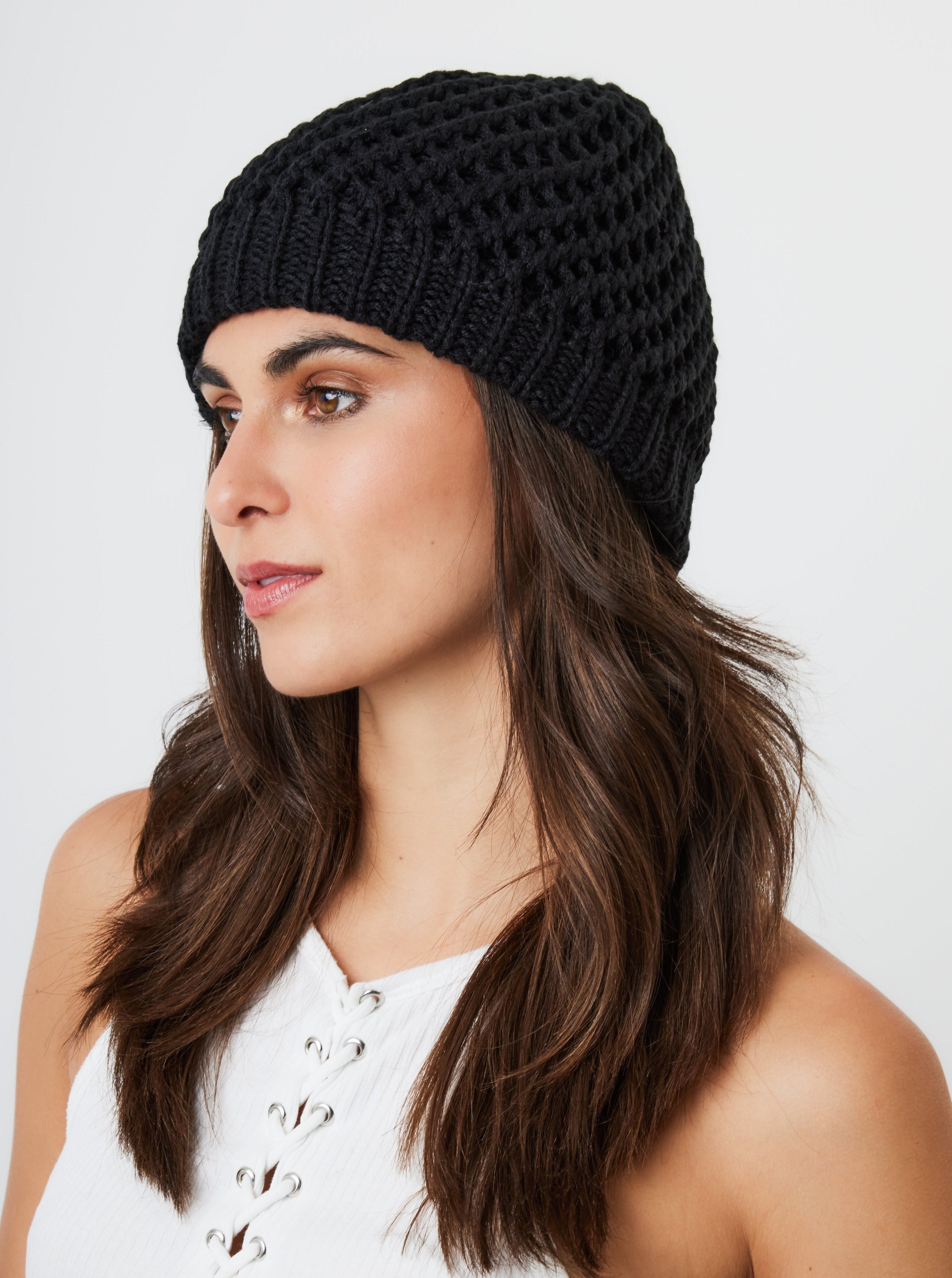 Woman's Crochet Knit Beanie in Black