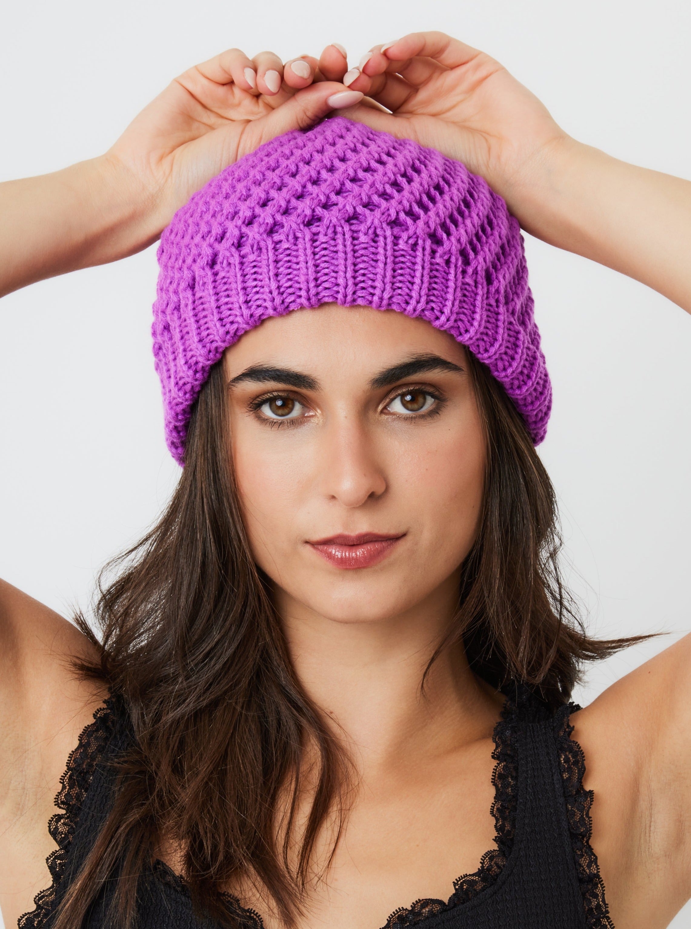 Woman's Crochet Knit Beanie in Purple