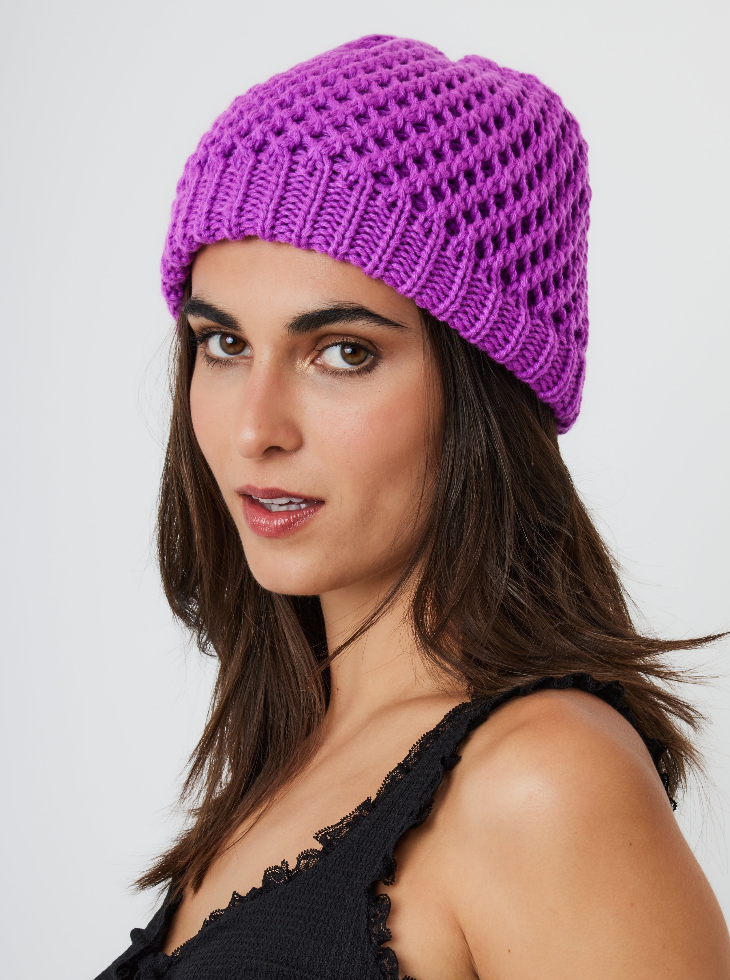 Woman's Crochet Knit Beanie in Purple