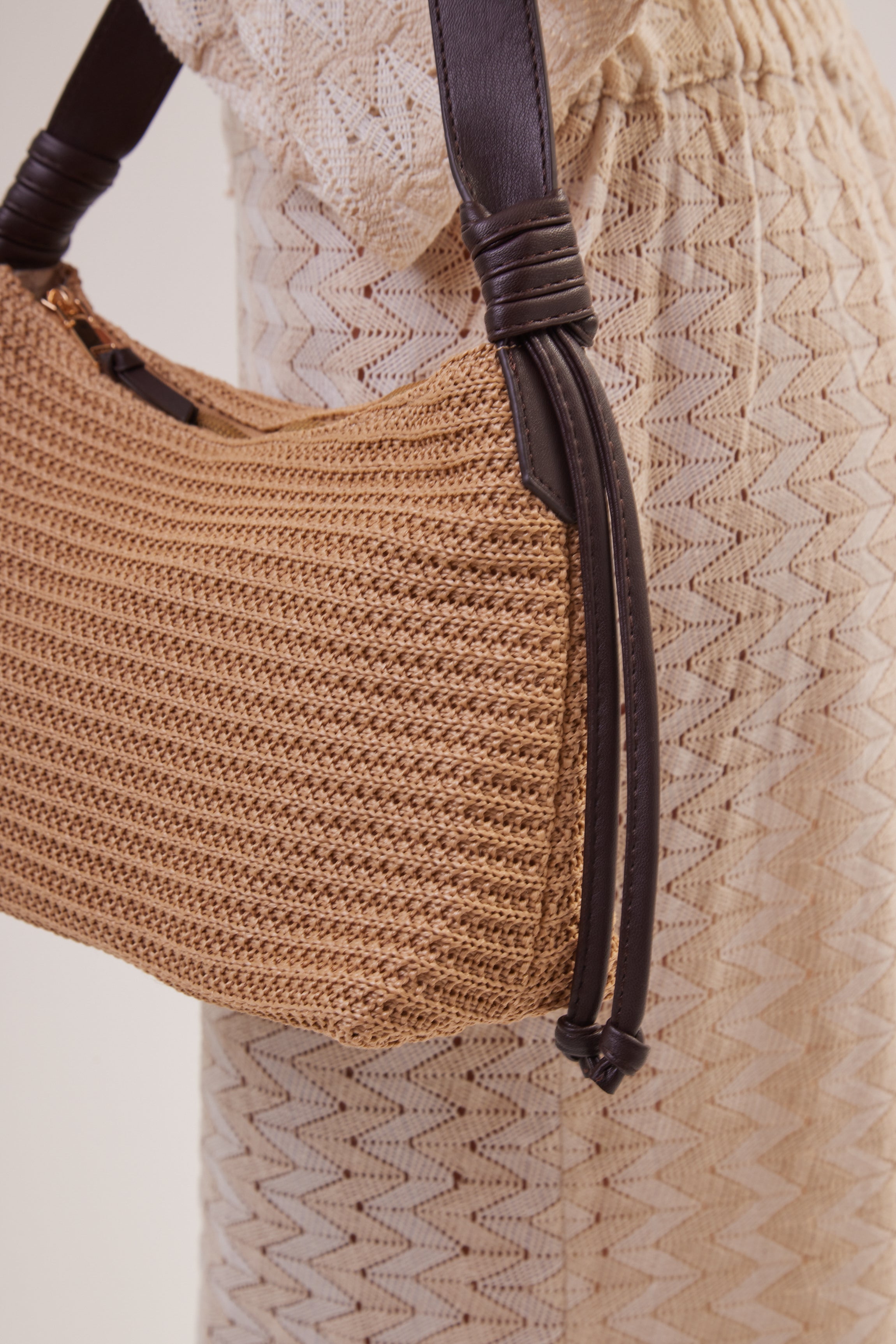 Woman's Crochet Shoulder Bag in Natural Brown