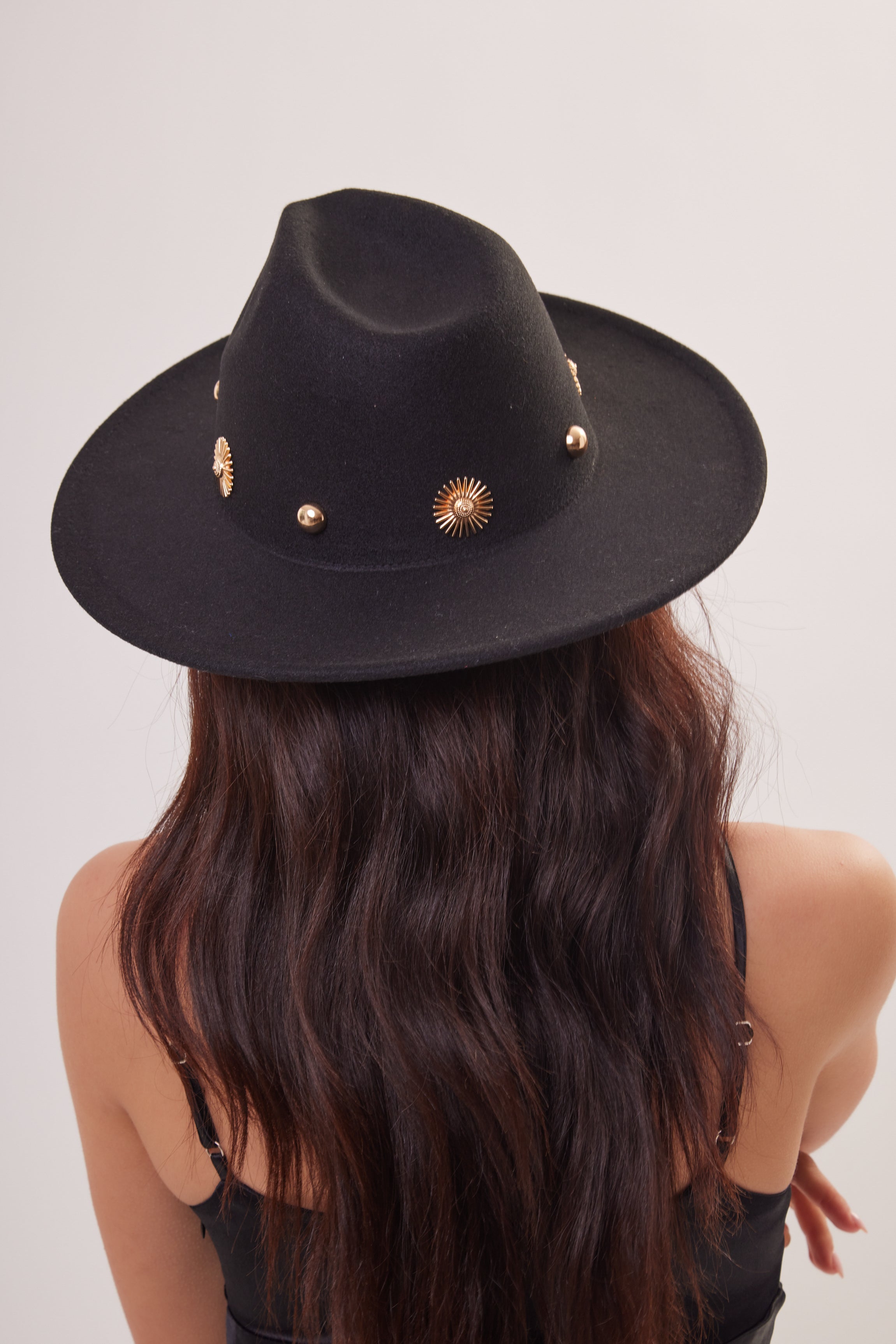 Woman's Fedora in Black with Gold Studs