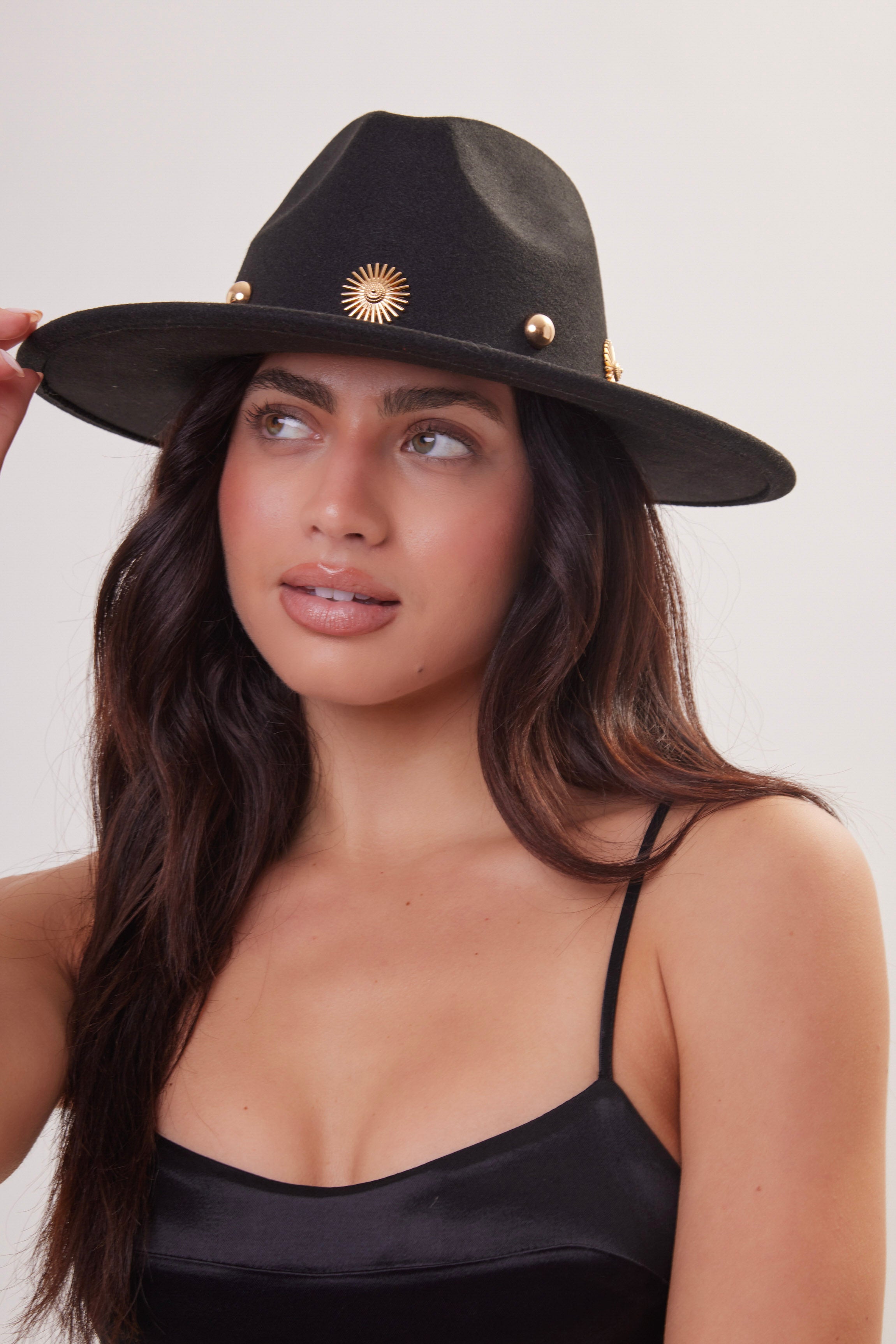 Woman's Fedora in Black with Gold Studs
