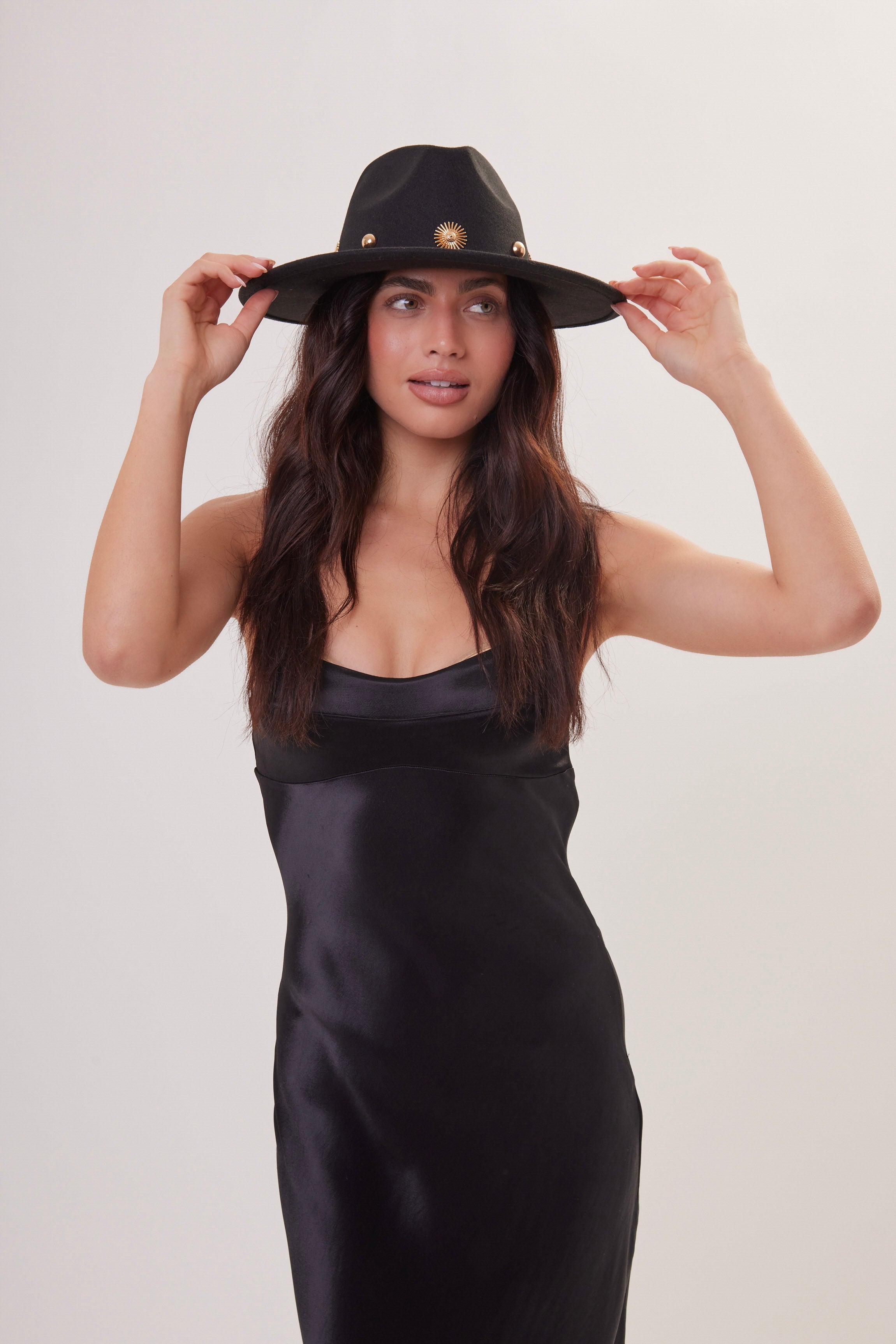 Woman's Fedora in Black with Gold Studs