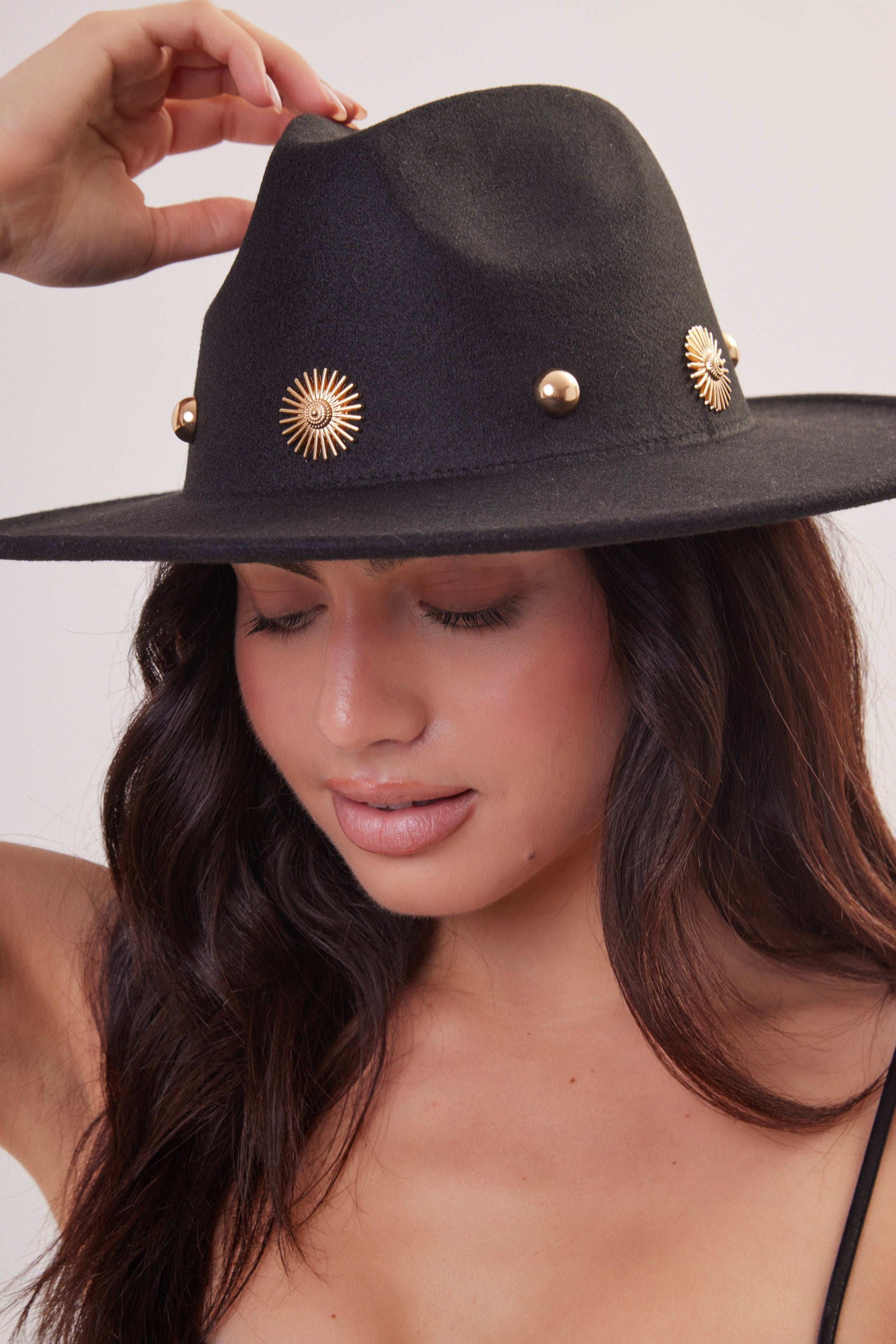 Woman's Fedora in Black with Gold Studs