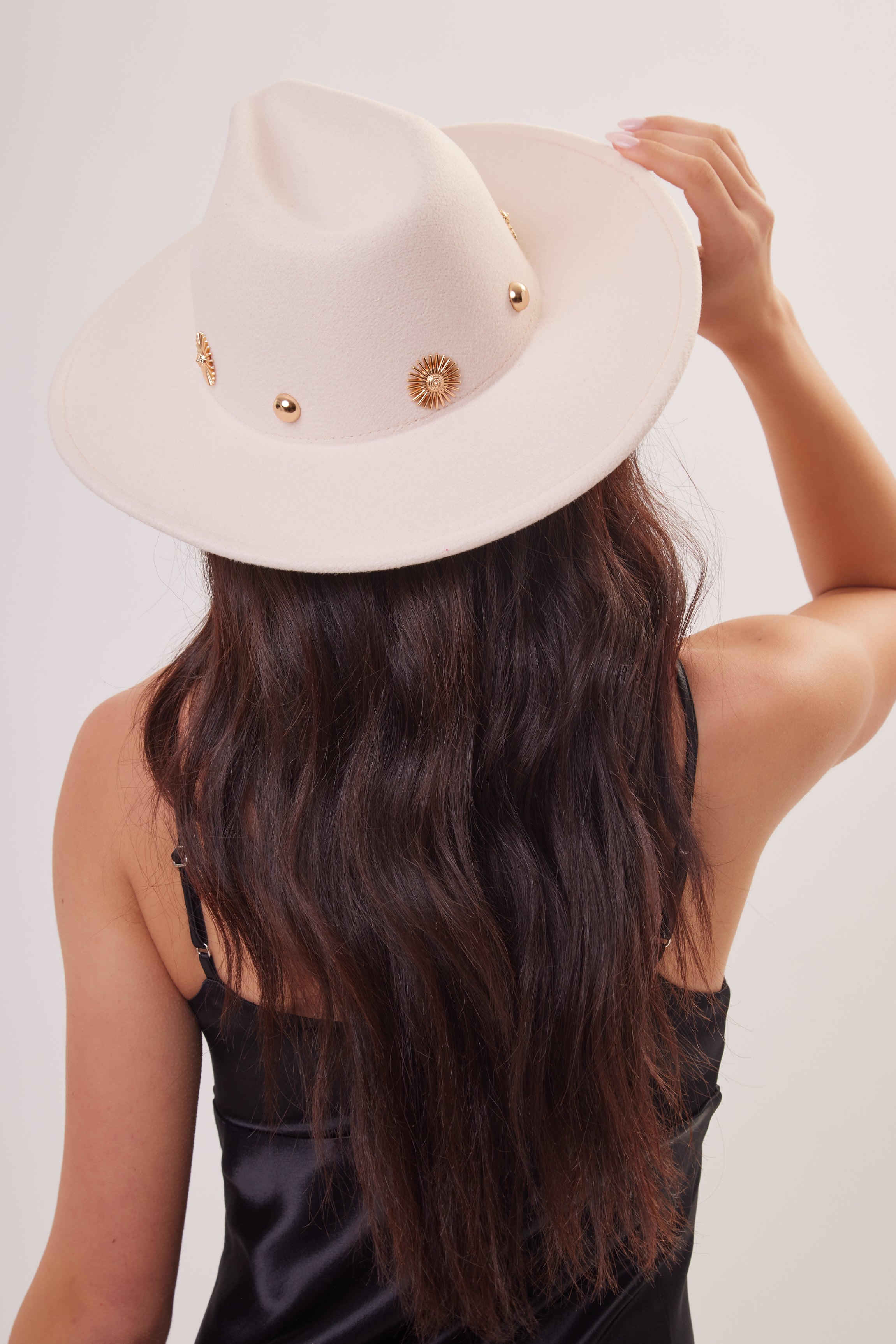 Woman's Fedora in Cream with Gold Studs