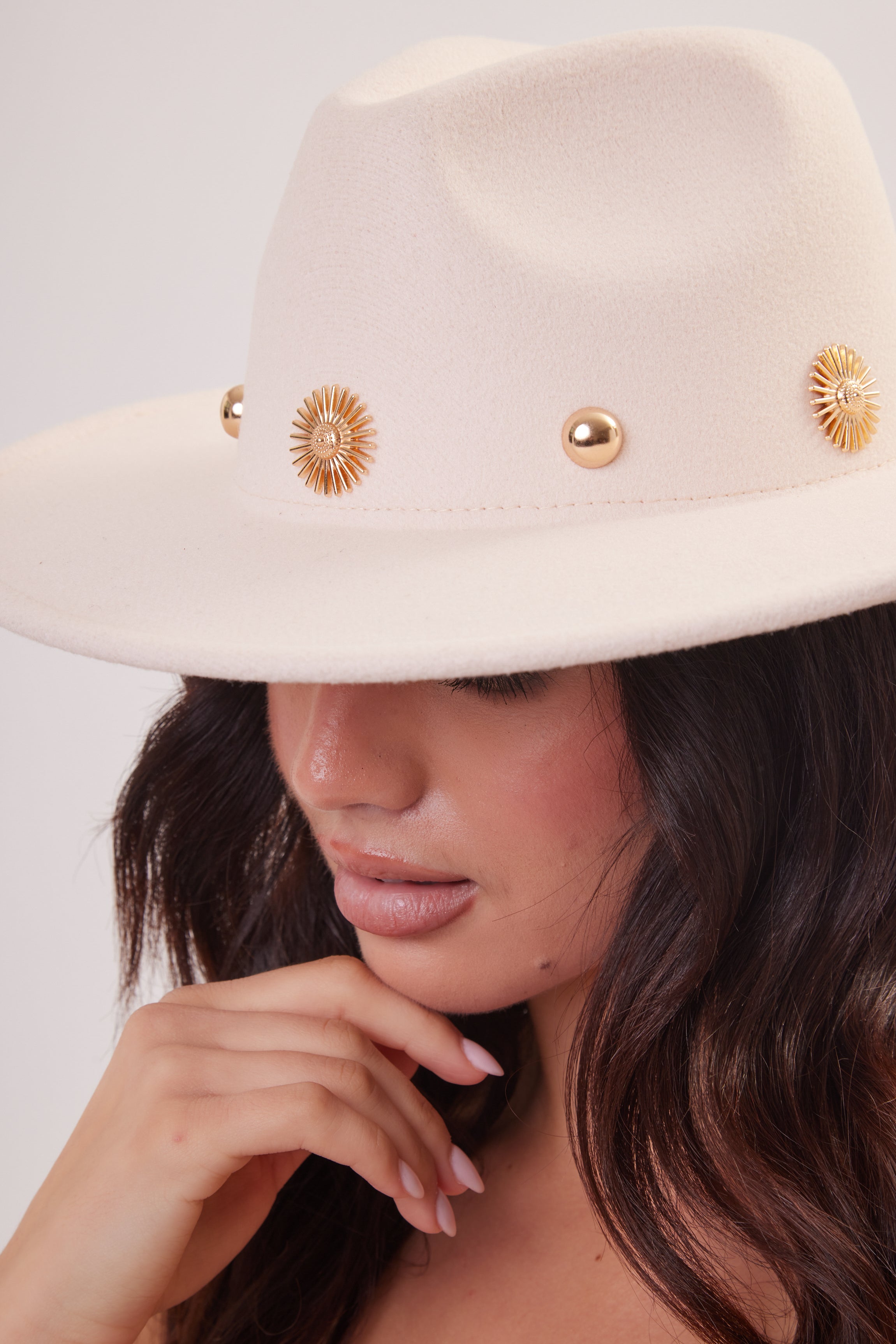 Woman's Fedora in Cream with Gold Studs
