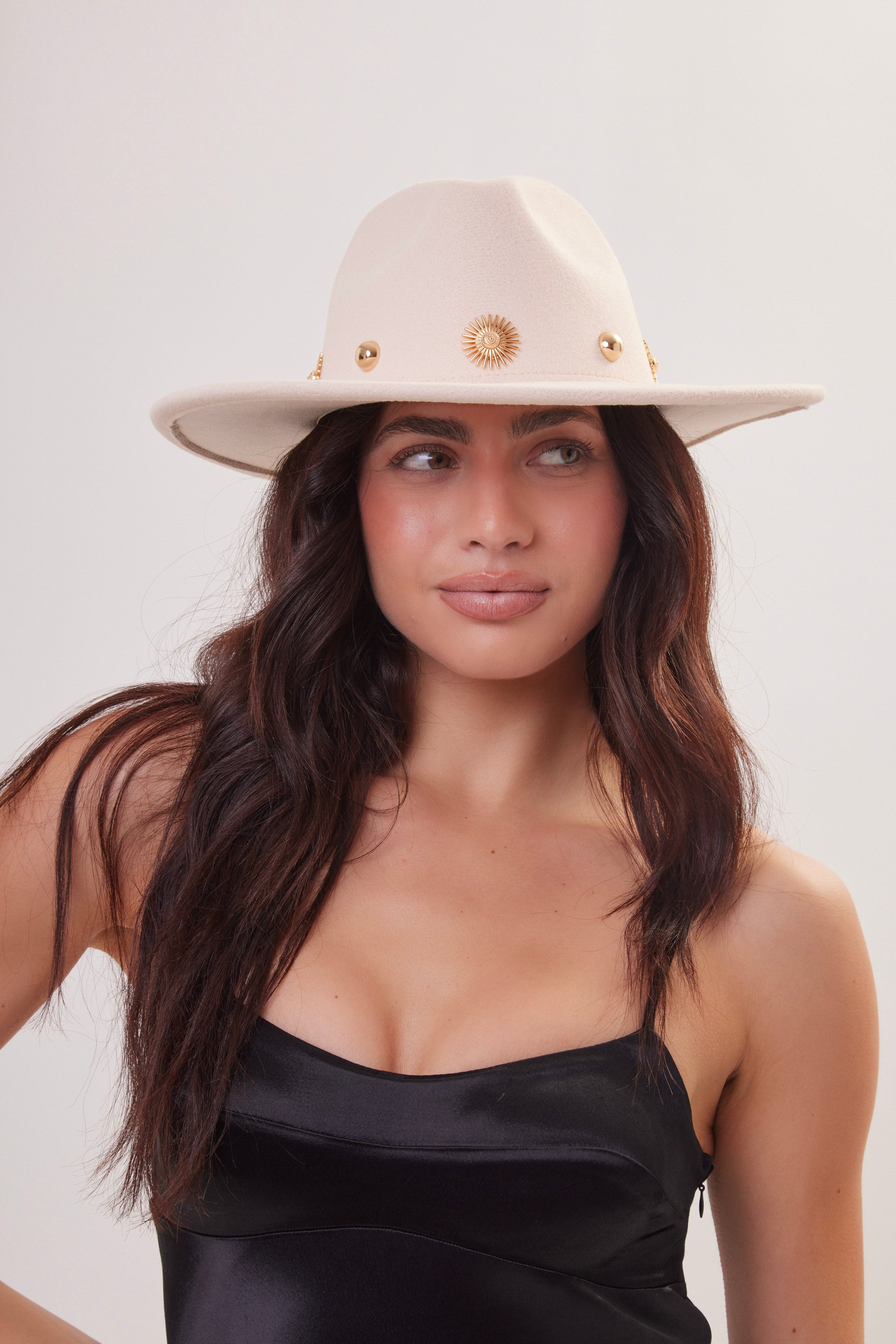 Woman's Fedora in Cream with Gold Studs