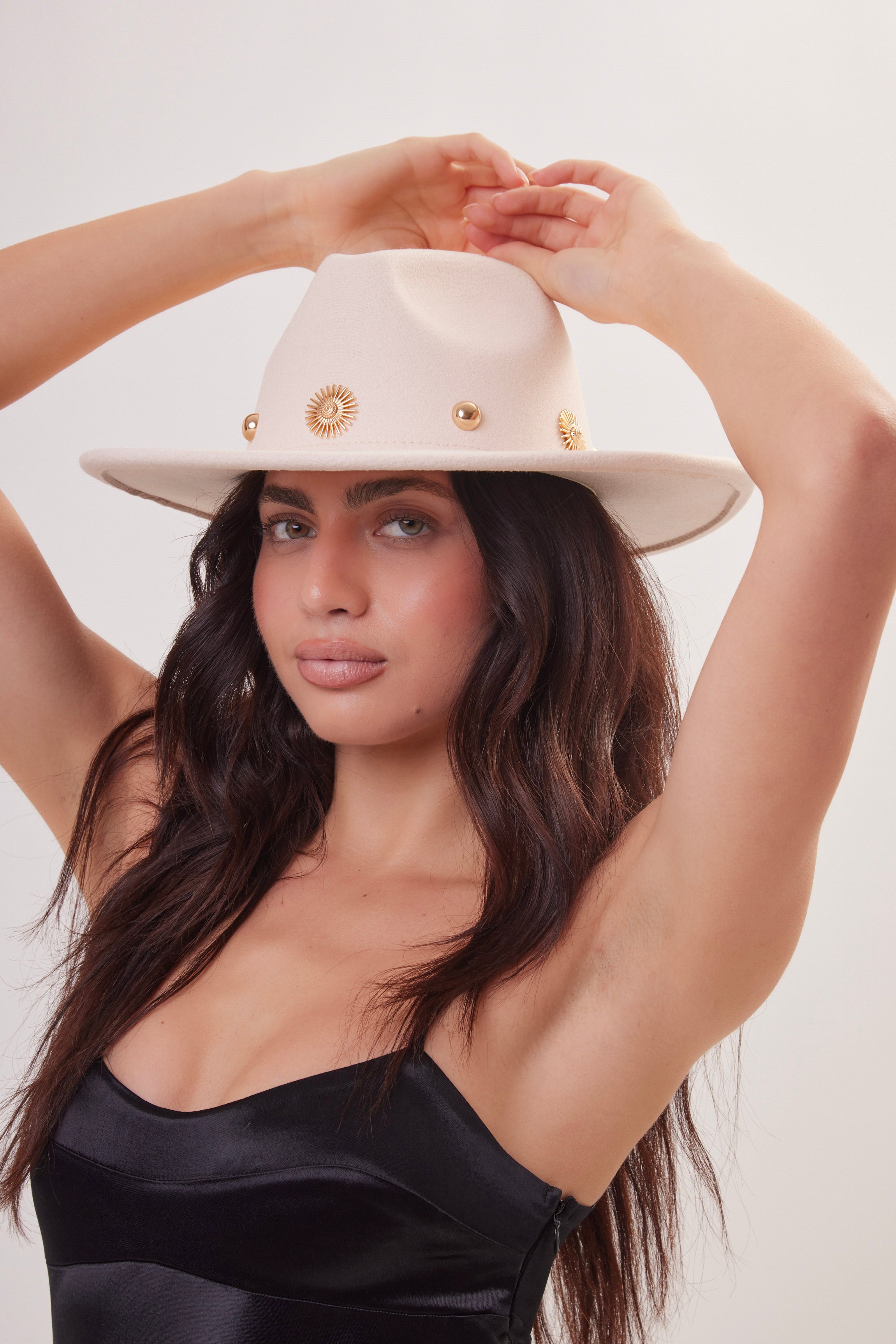 Woman's Fedora in Cream with Gold Studs