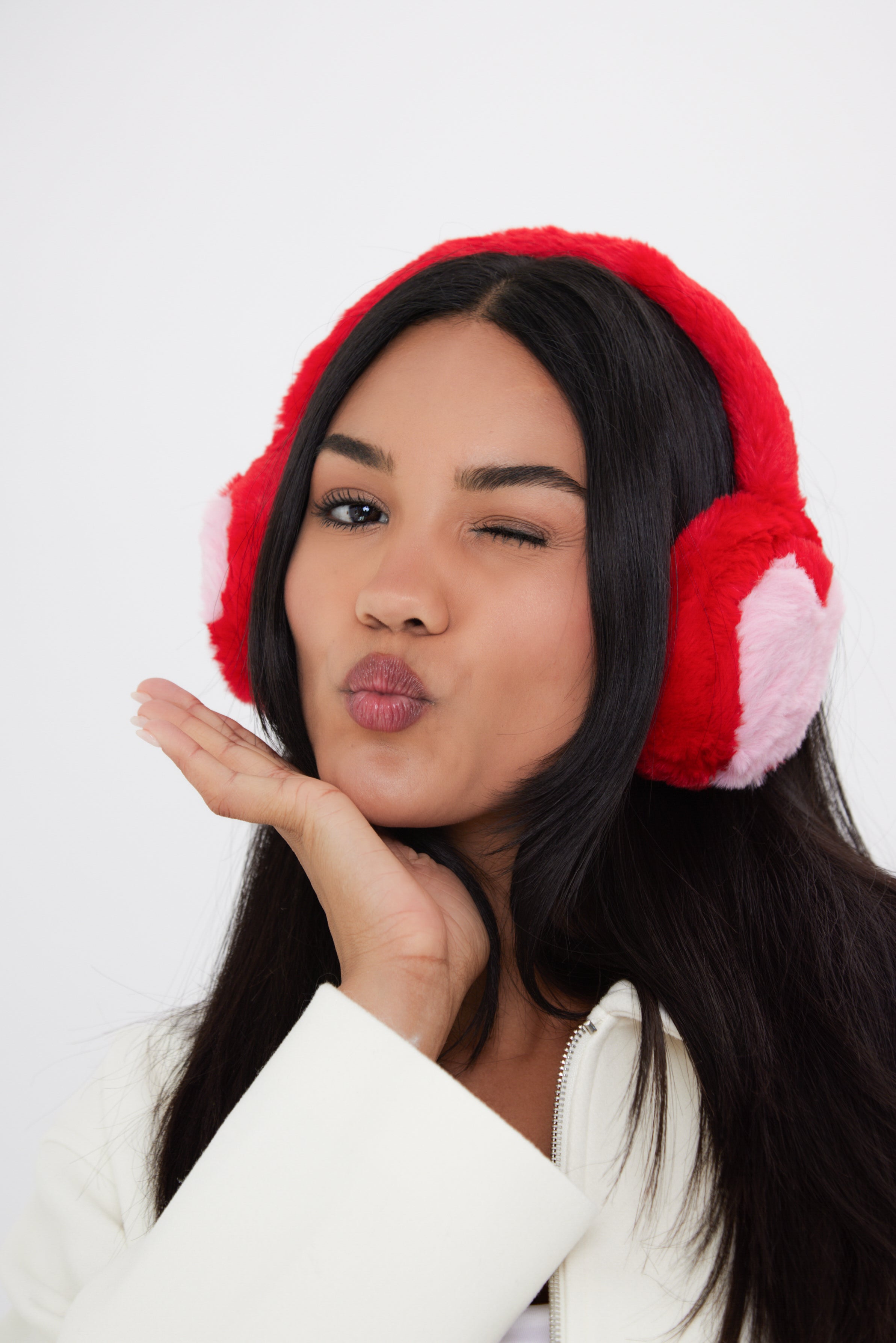 Woman's Fluffy Faux-Fur Earmuffs with Hearts in Red