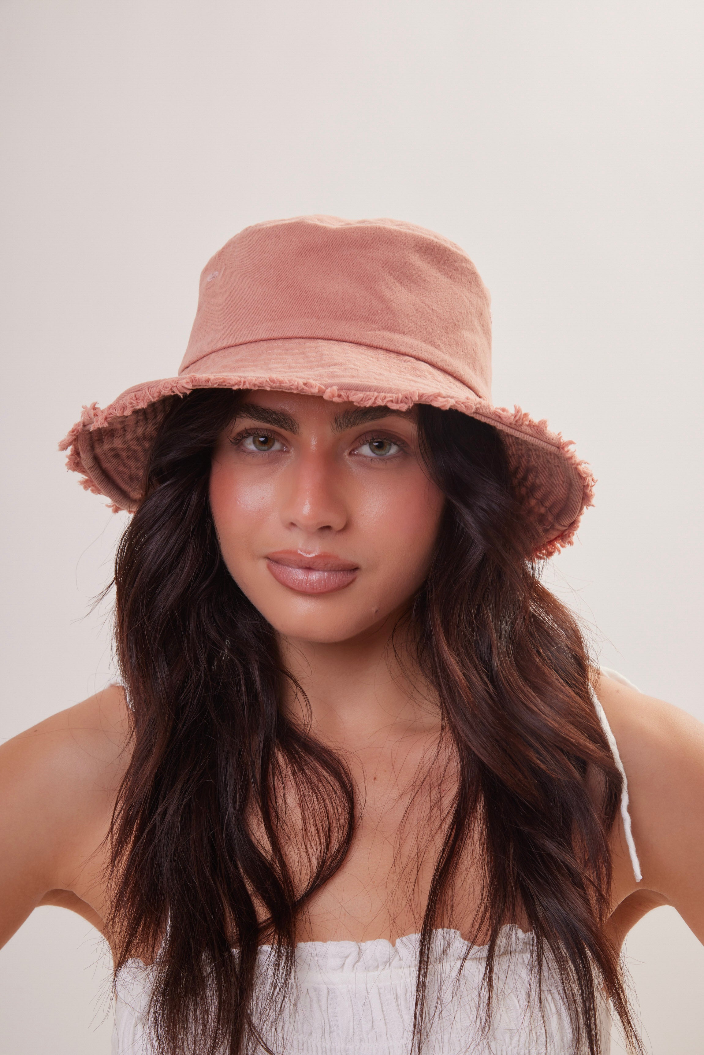 Woman's Frayed Edge Denim Bucket Hat in Pink