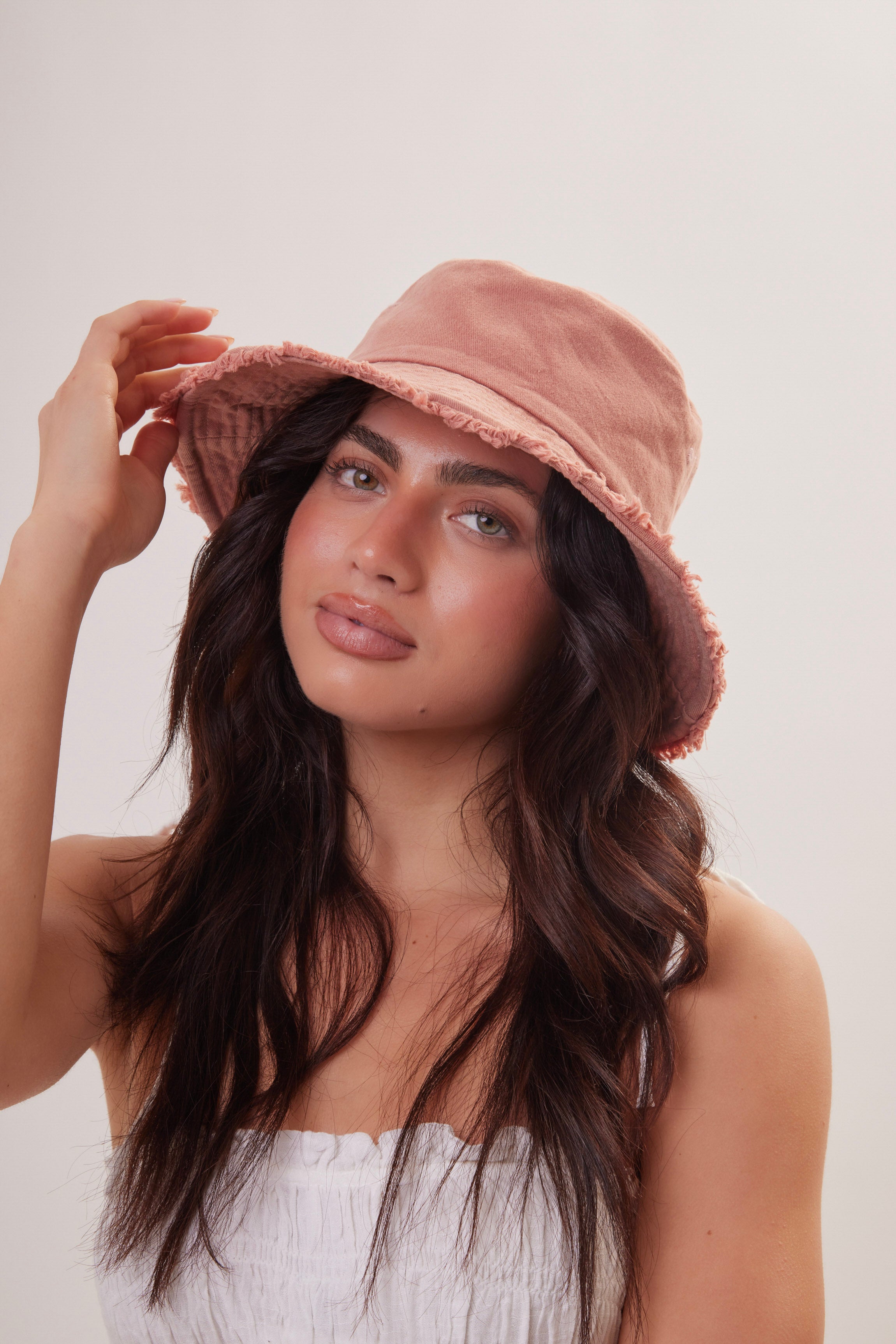 Woman's Frayed Edge Denim Bucket Hat in Pink