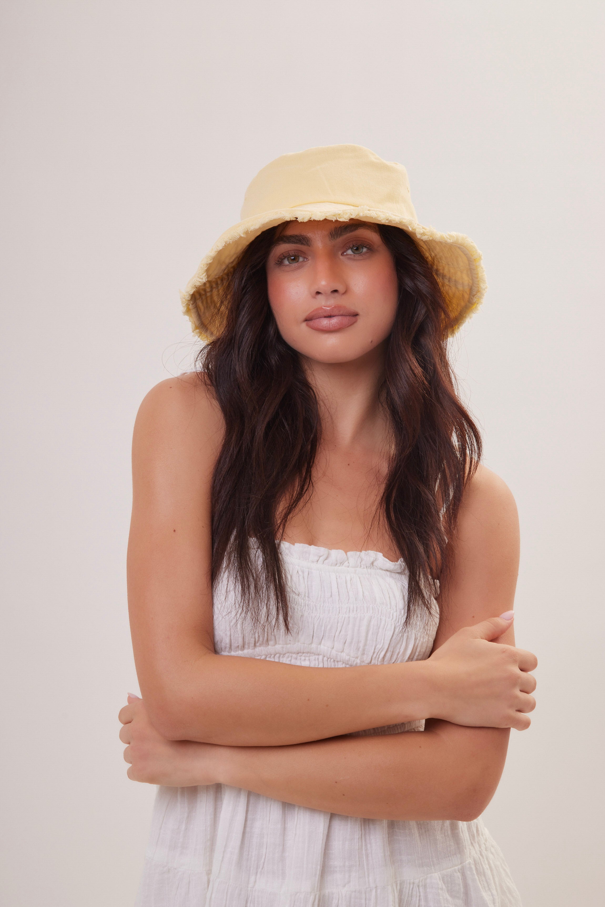 Woman's Frayed Edge Denim Bucket Hat in Yellow
