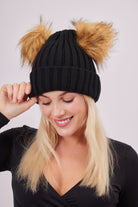 Woman's Knitted Double Fur Pom Beanie in Black
