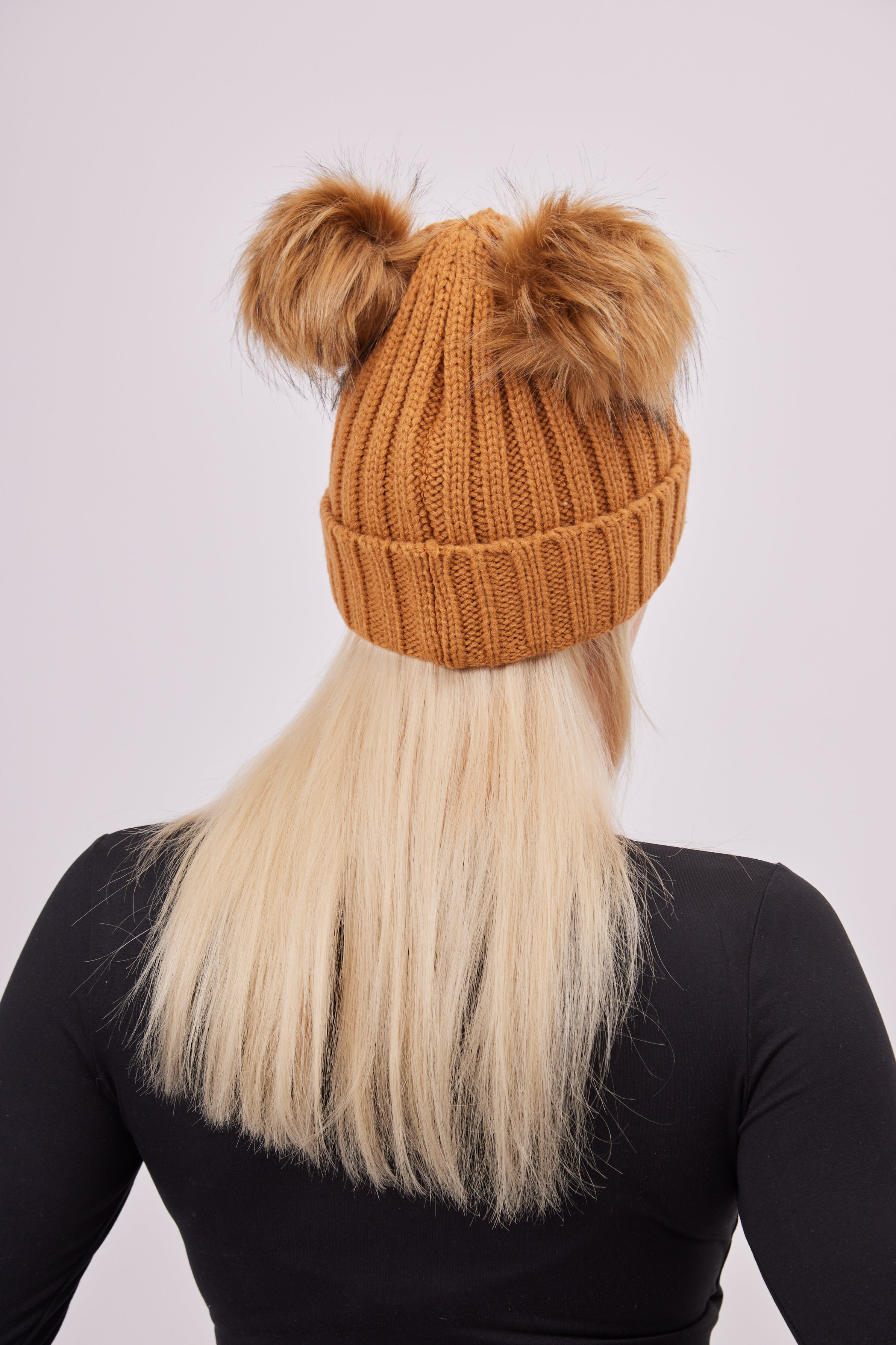 Woman's Knitted Double Fur Pom Beanie in Toffee Brown