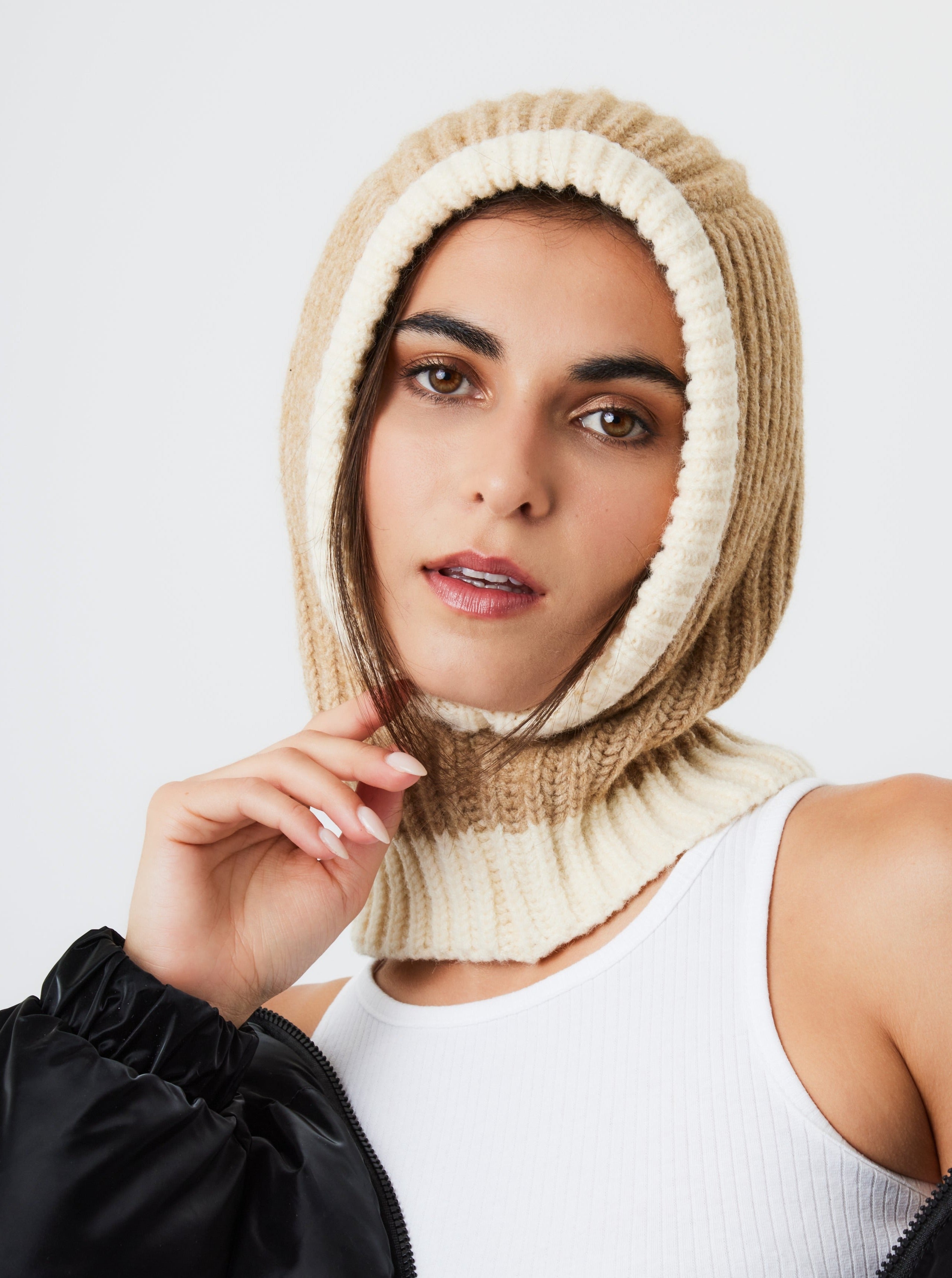 Woman's Knitted Hood Balaclava in Beige