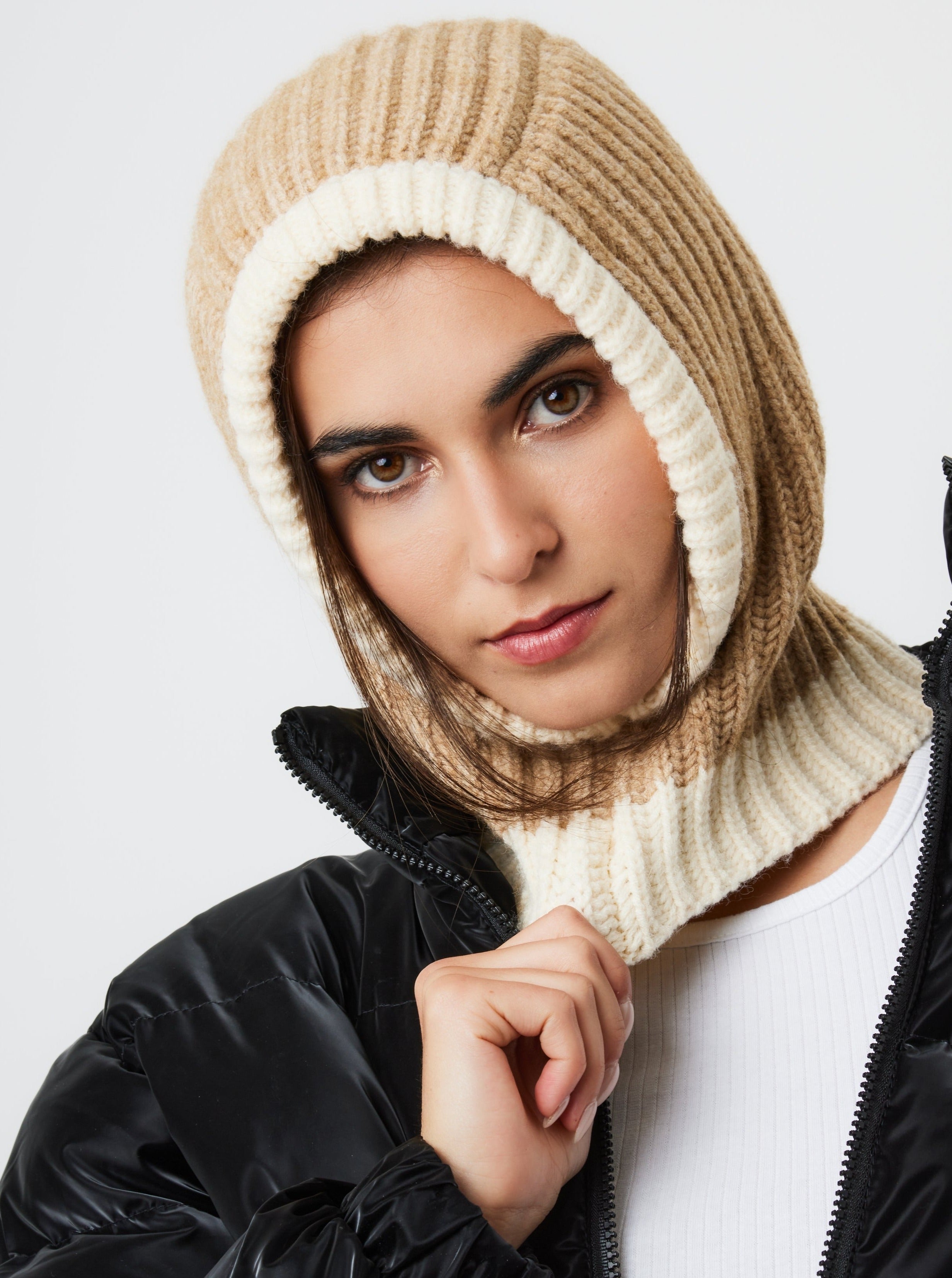 Woman's Knitted Hood Balaclava in Beige