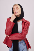 Woman's Knitted Ribbed Hooded Scarf in Black