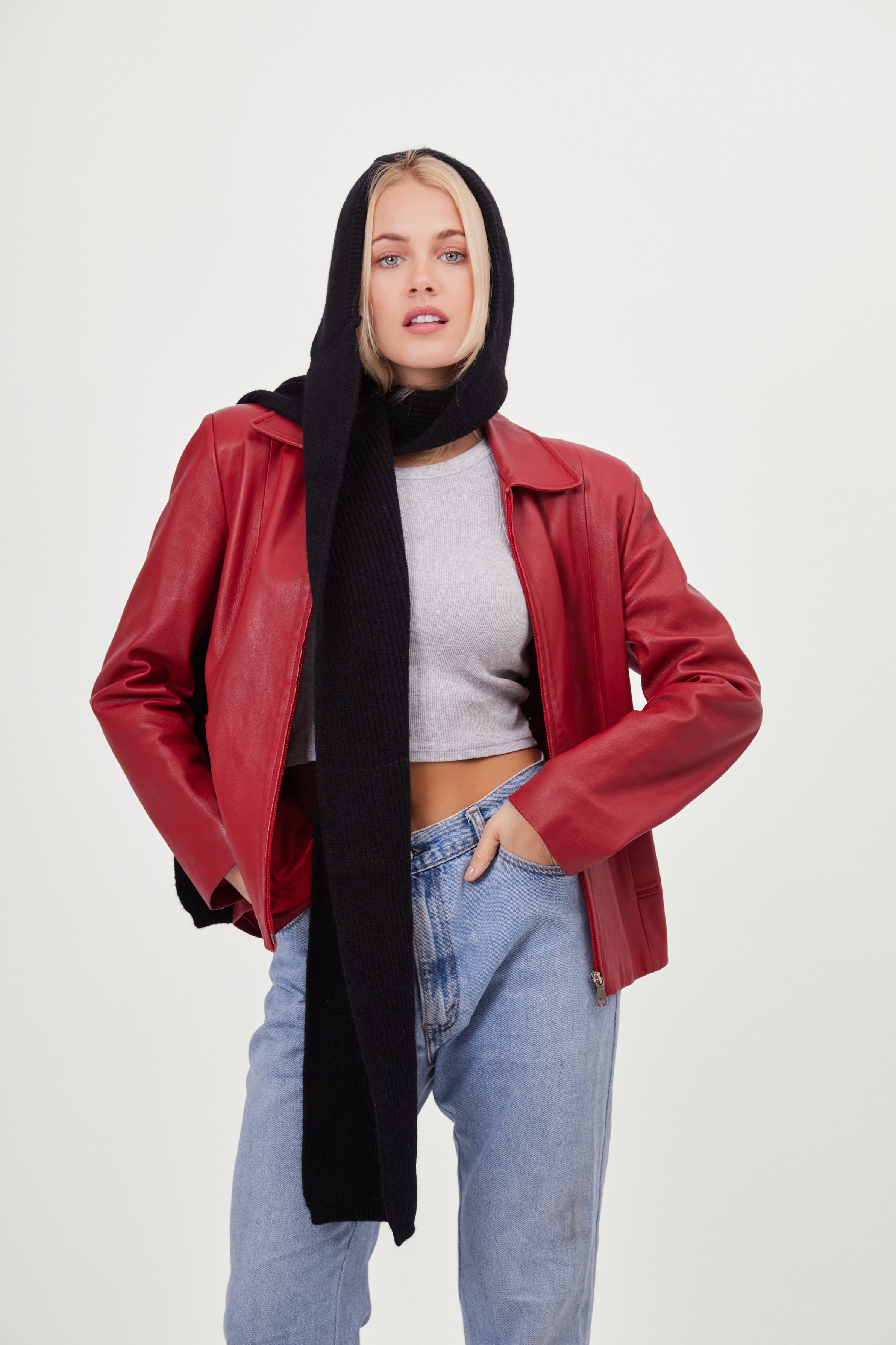 Woman's Knitted Ribbed Hooded Scarf in Black