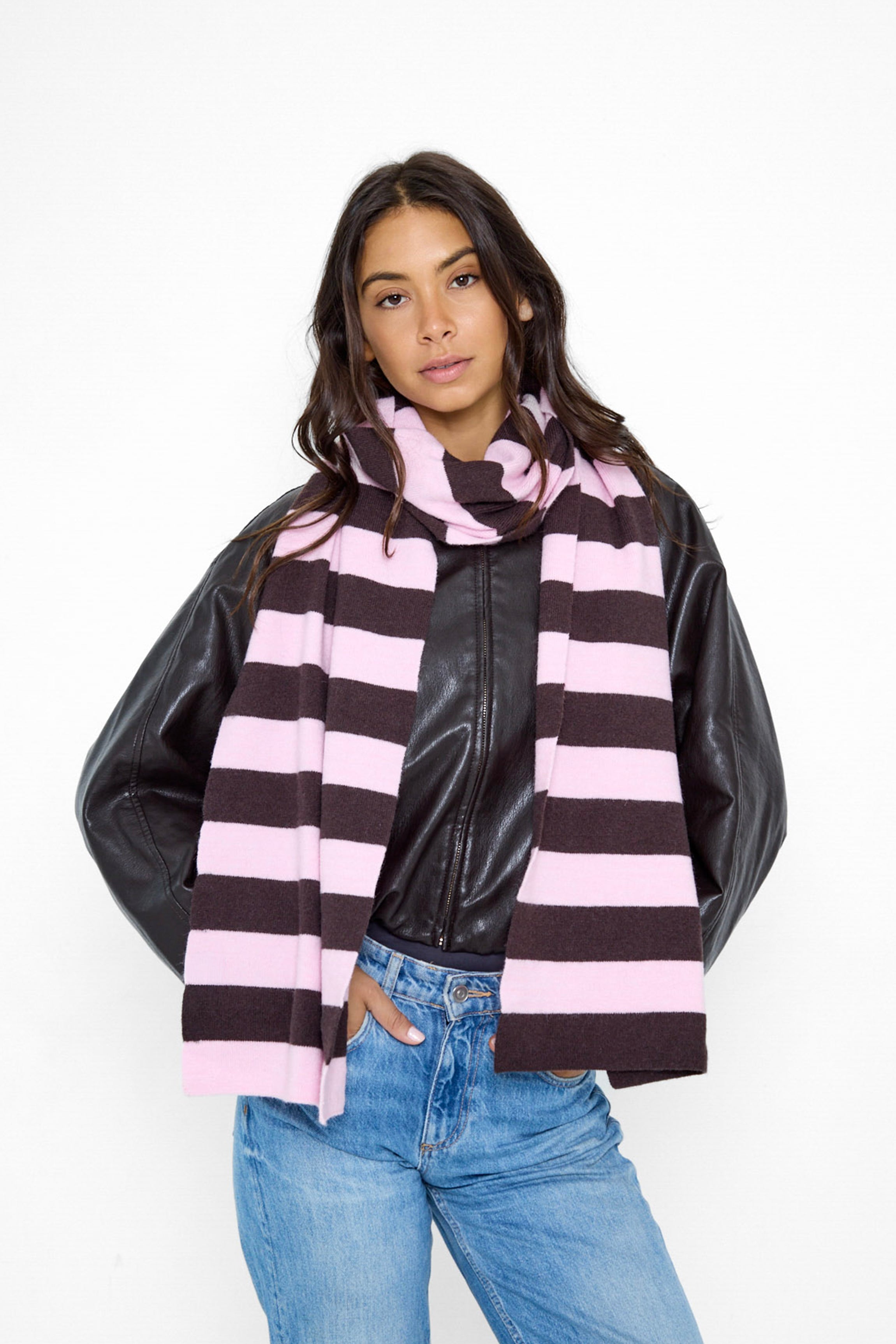 Women's Knitted Stripe Scarf  in Pink and Brown