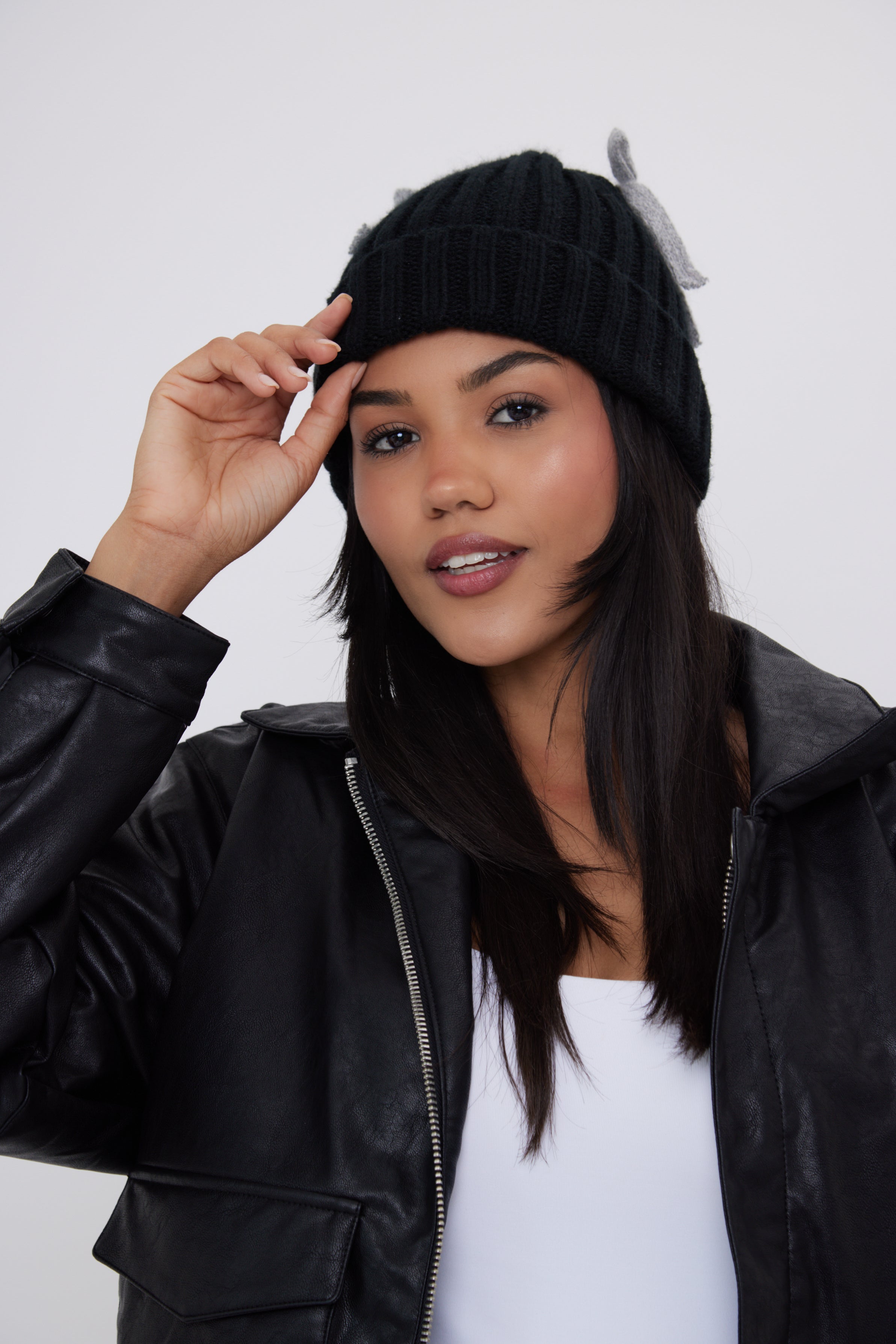 Woman's Mohair Beanie with Bows in Black
