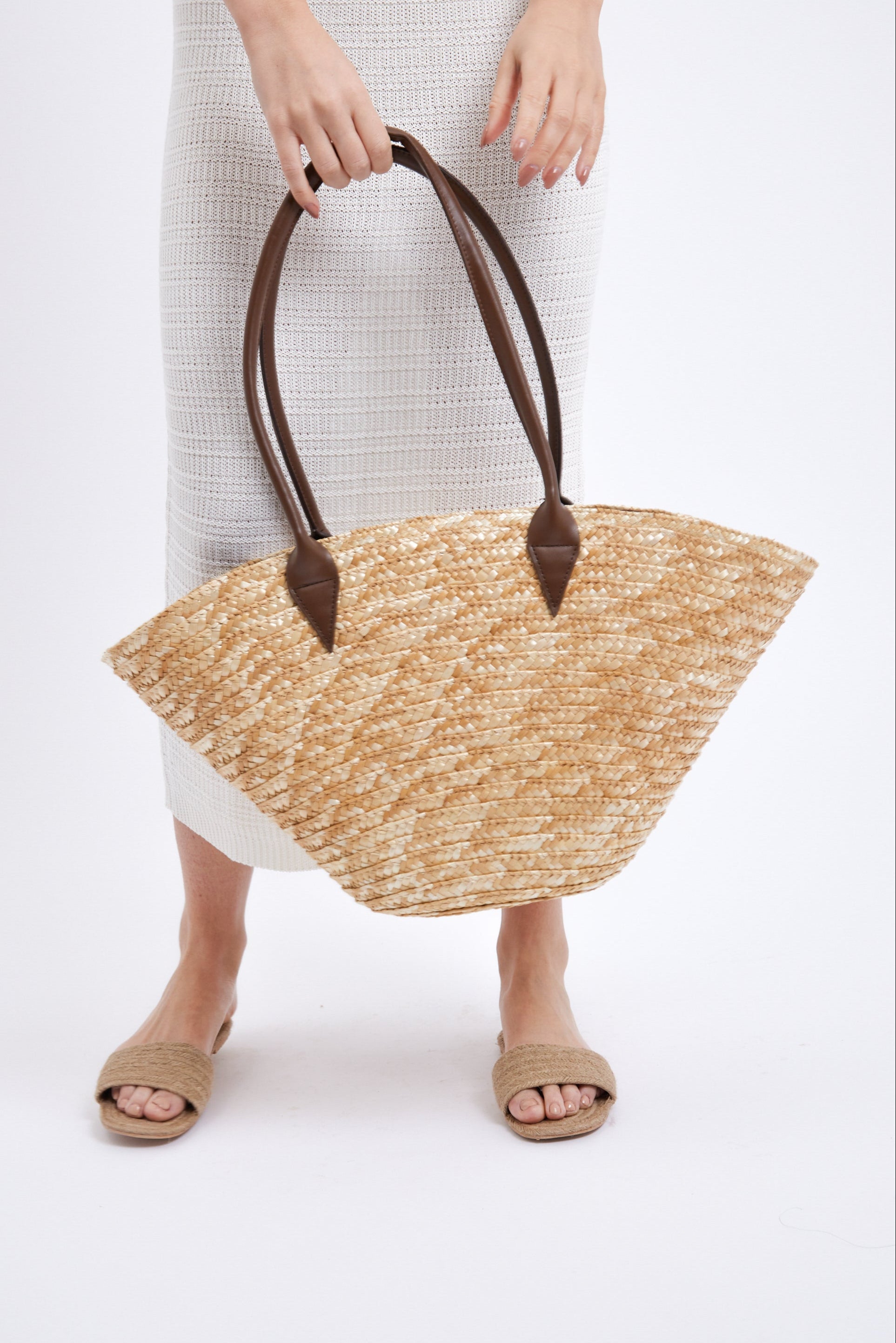 Women’s Oversized Fan Shape Straw Bag with Faux Leather Brown Handles in Natural