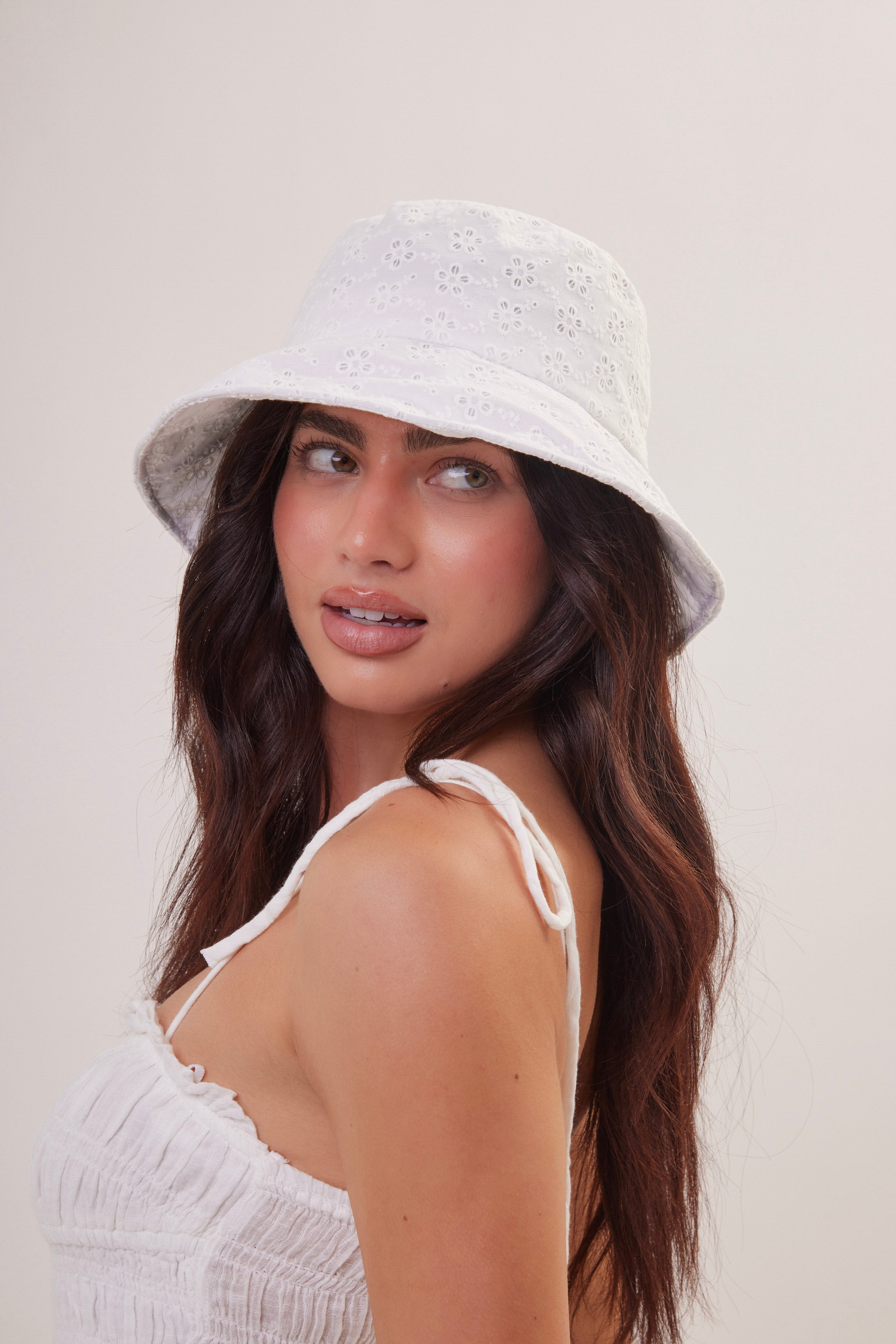 Woman's Oversized Broderie Anglaise Bucket Hat  in White