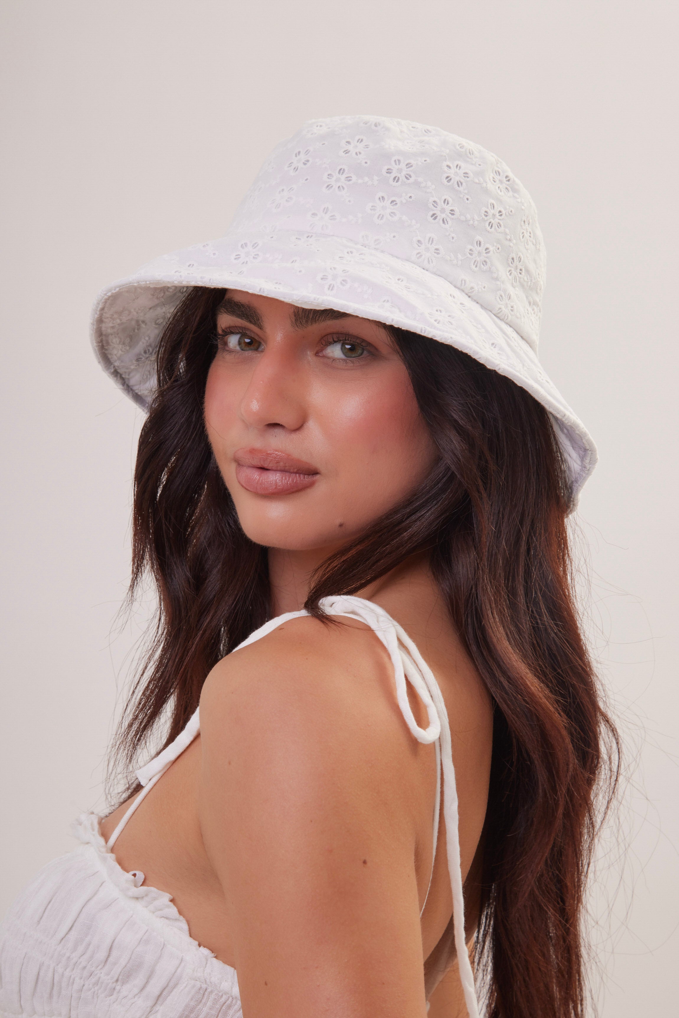 Woman's Oversized Broderie Anglaise Bucket Hat  in White