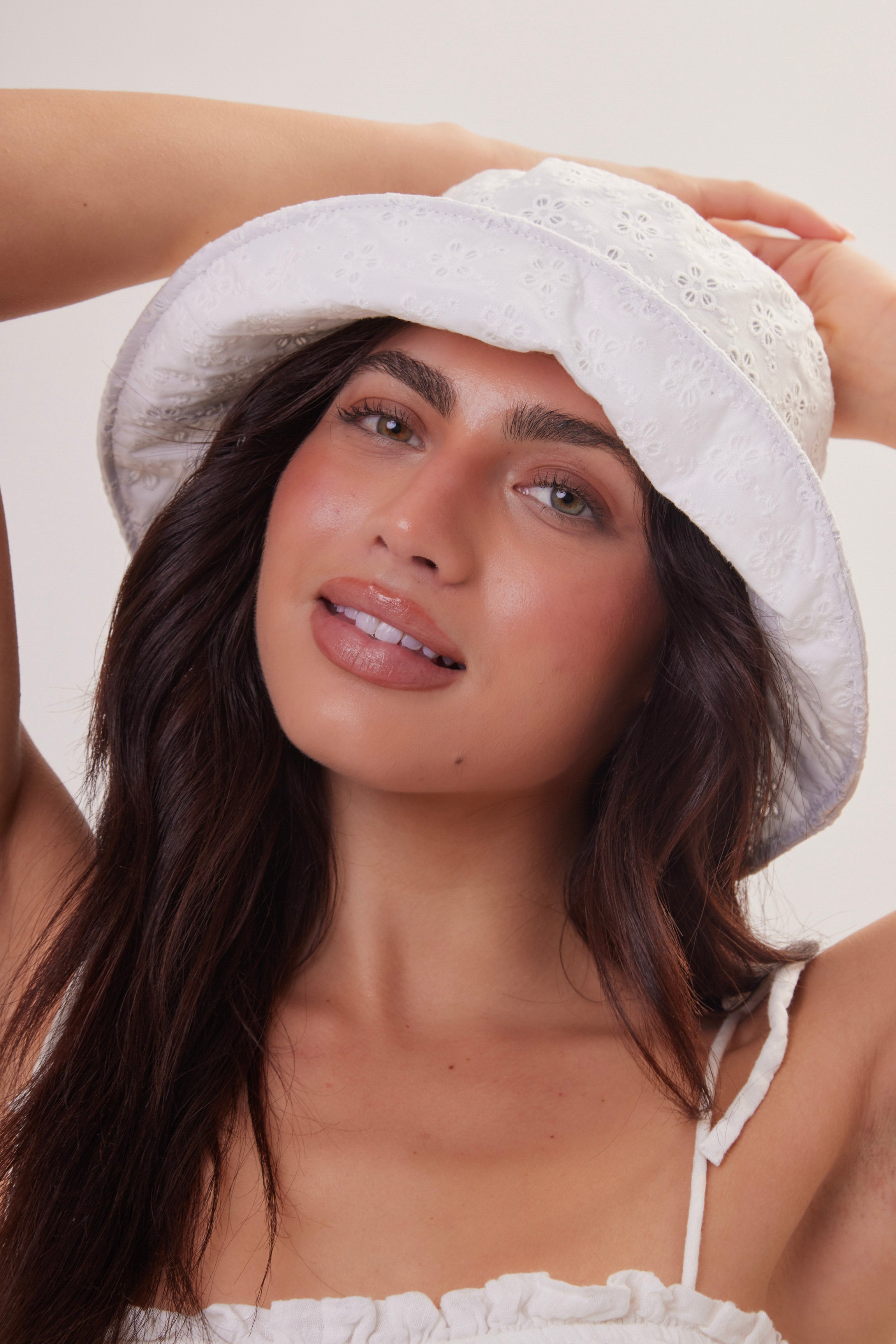 Woman's Oversized Broderie Anglaise Bucket Hat  in White