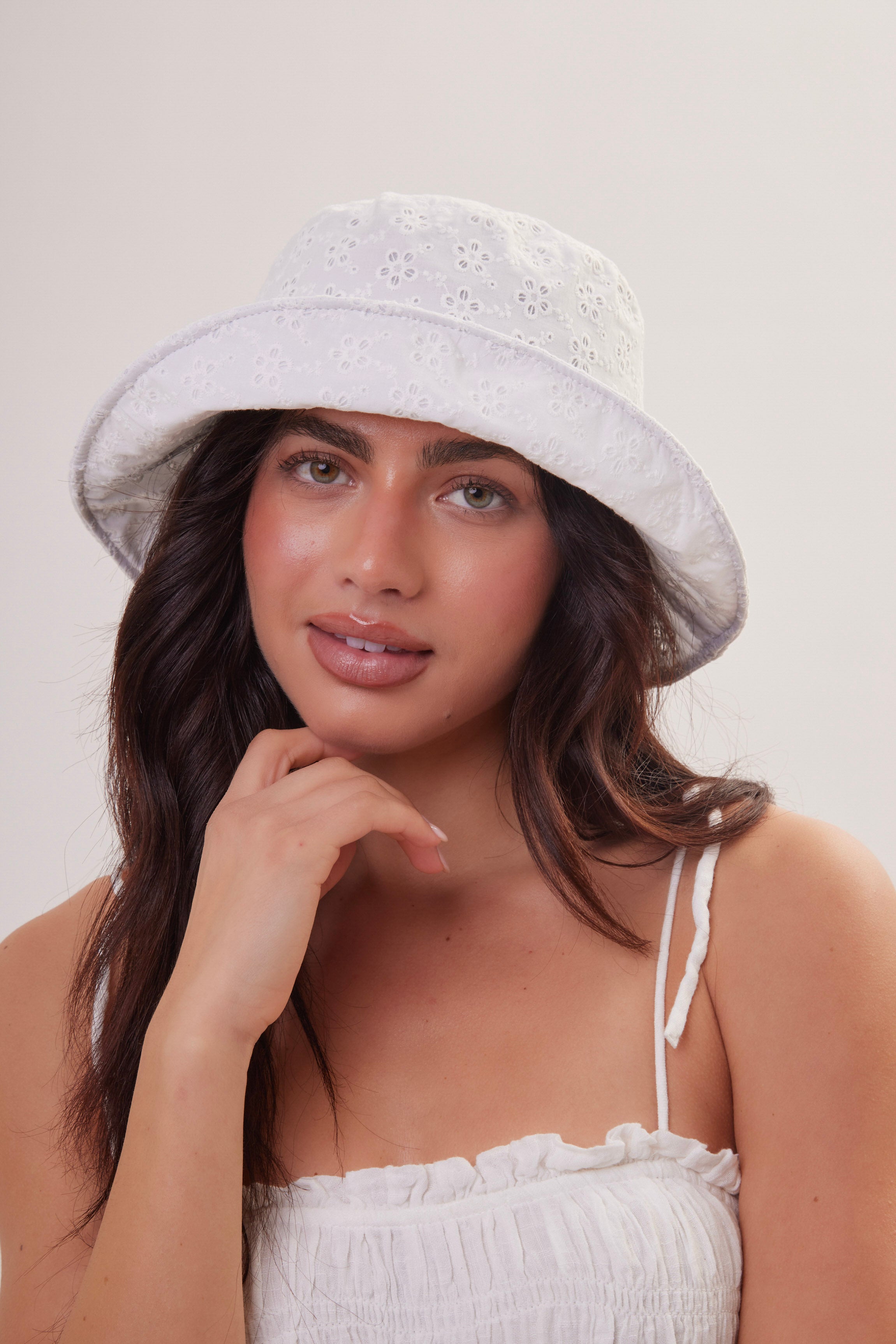 Woman's Oversized Broderie Anglaise Bucket Hat  in White