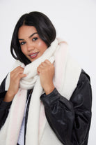 Woman's Oversized Chunky Blanket Scarf with Stripe Detail in Cream, Brown and Pink