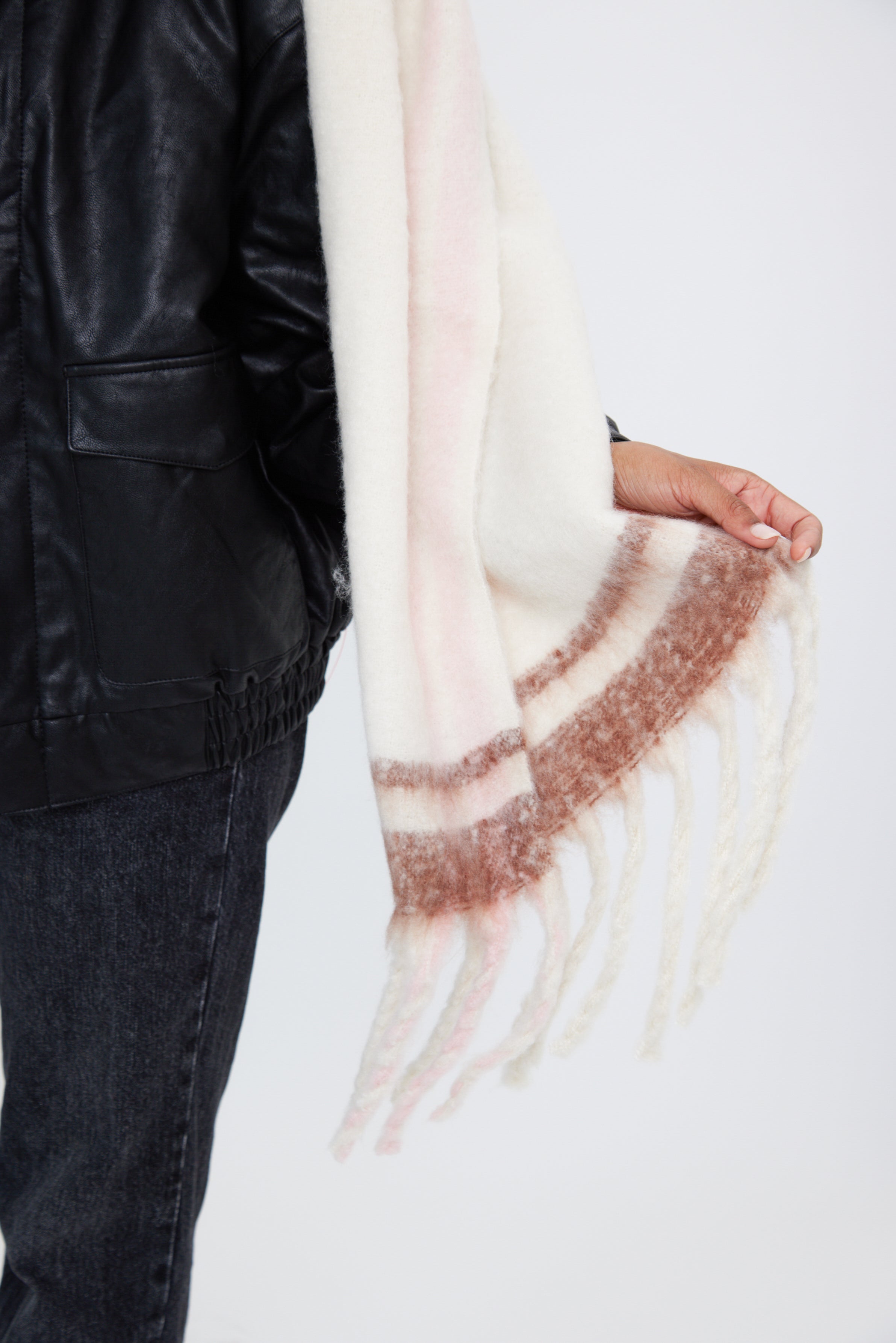 Woman's Oversized Chunky Blanket Scarf with Stripe Detail in Cream, Brown and Pink