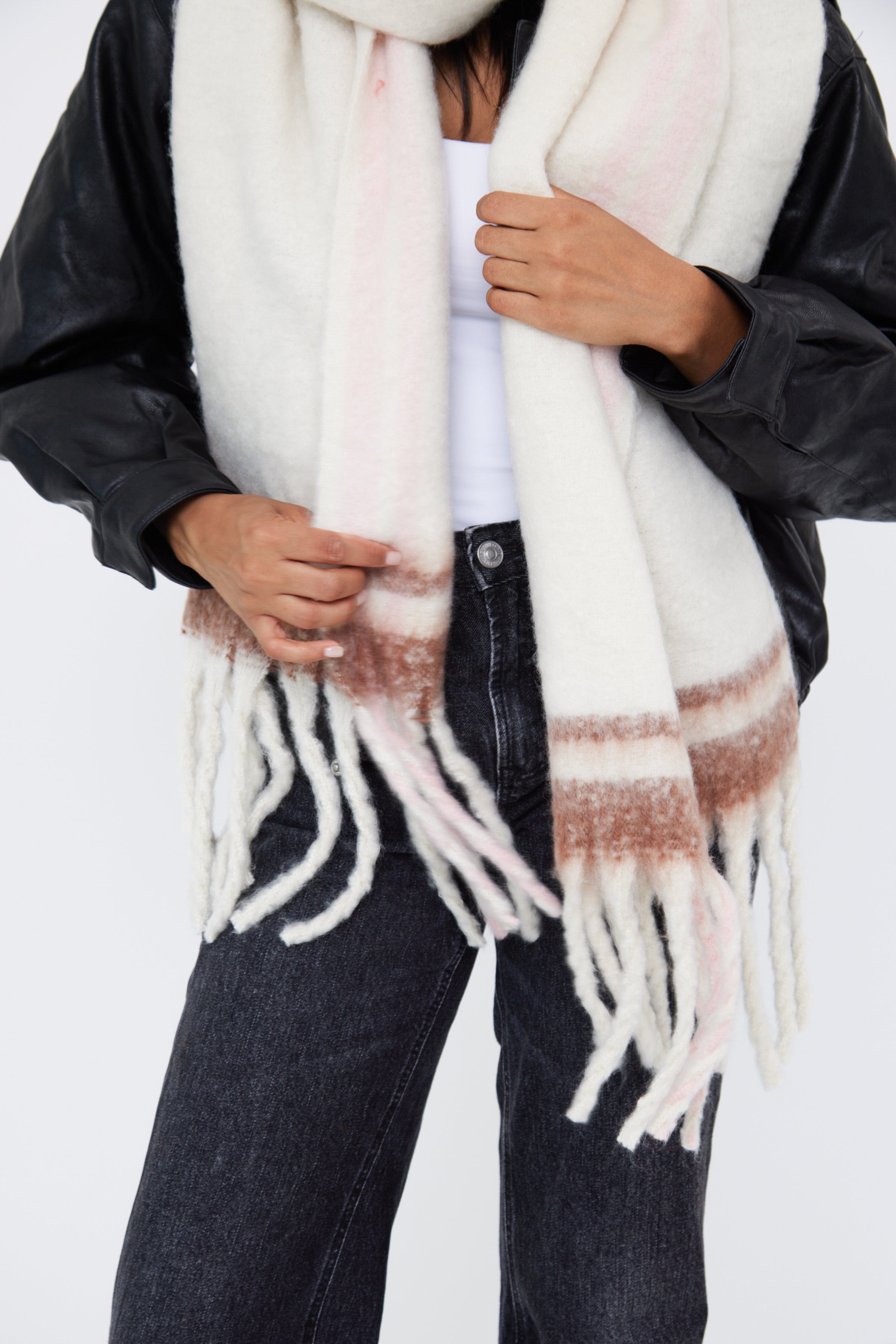 Woman's Oversized Chunky Blanket Scarf with Stripe Detail in Cream, Brown and Pink
