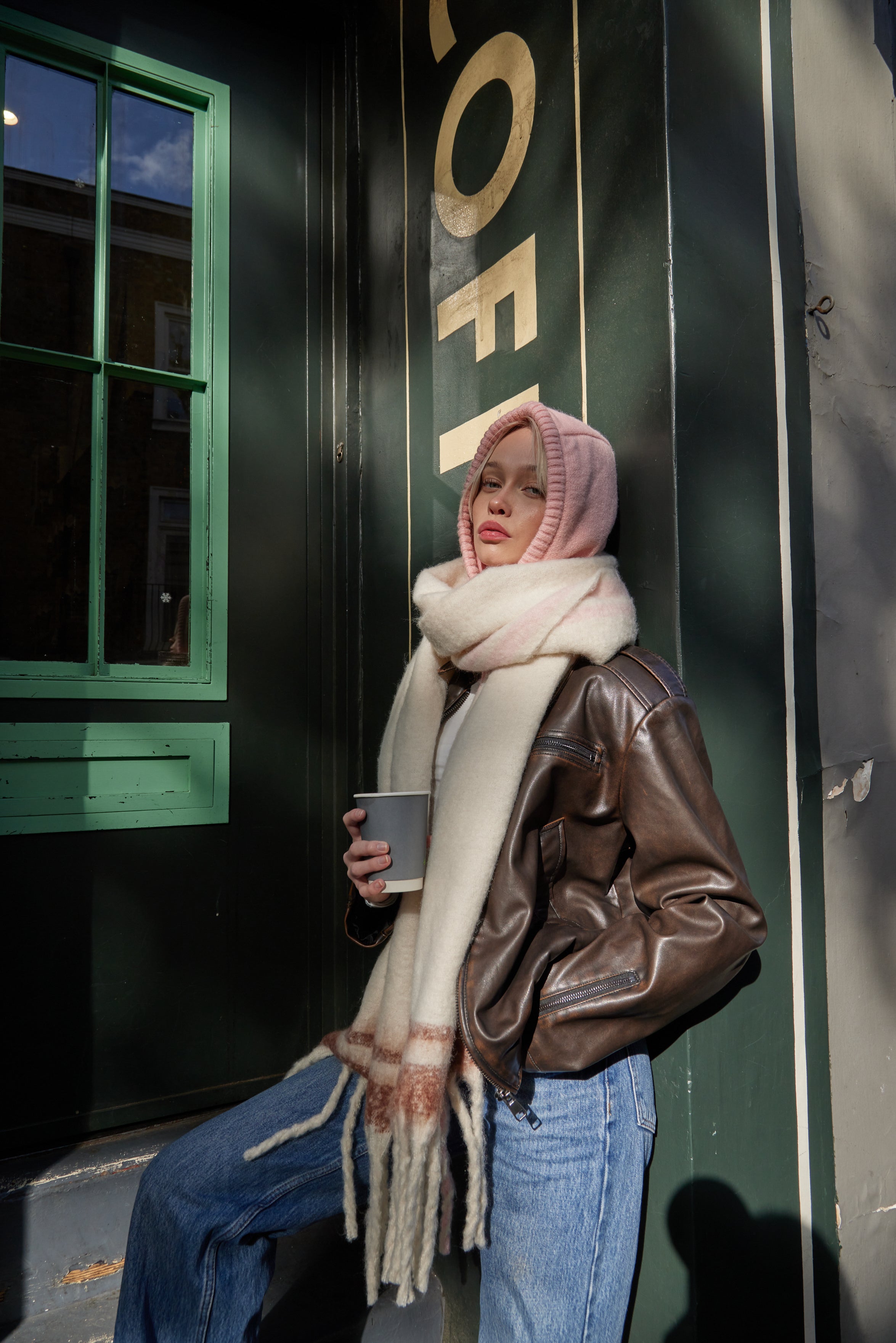 Woman's Oversized Chunky Blanket Scarf with Stripe Detail in Cream, Brown and Pink